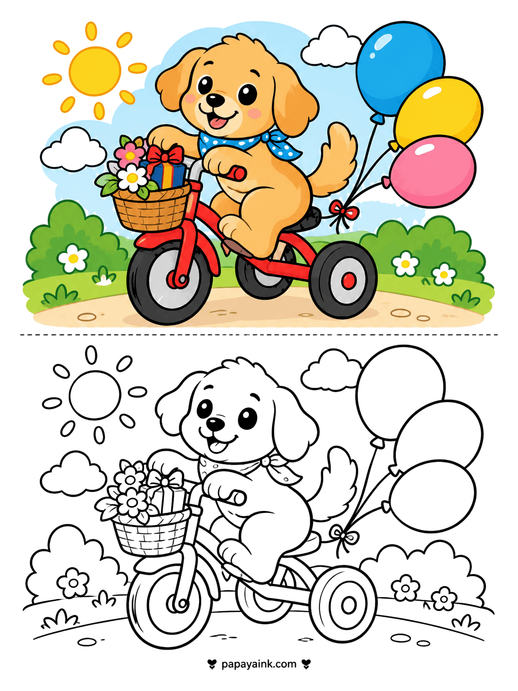 Copy Coloring Pages - Copy coloring page of a puppy riding a red tricycle with a flower basket and three balloons