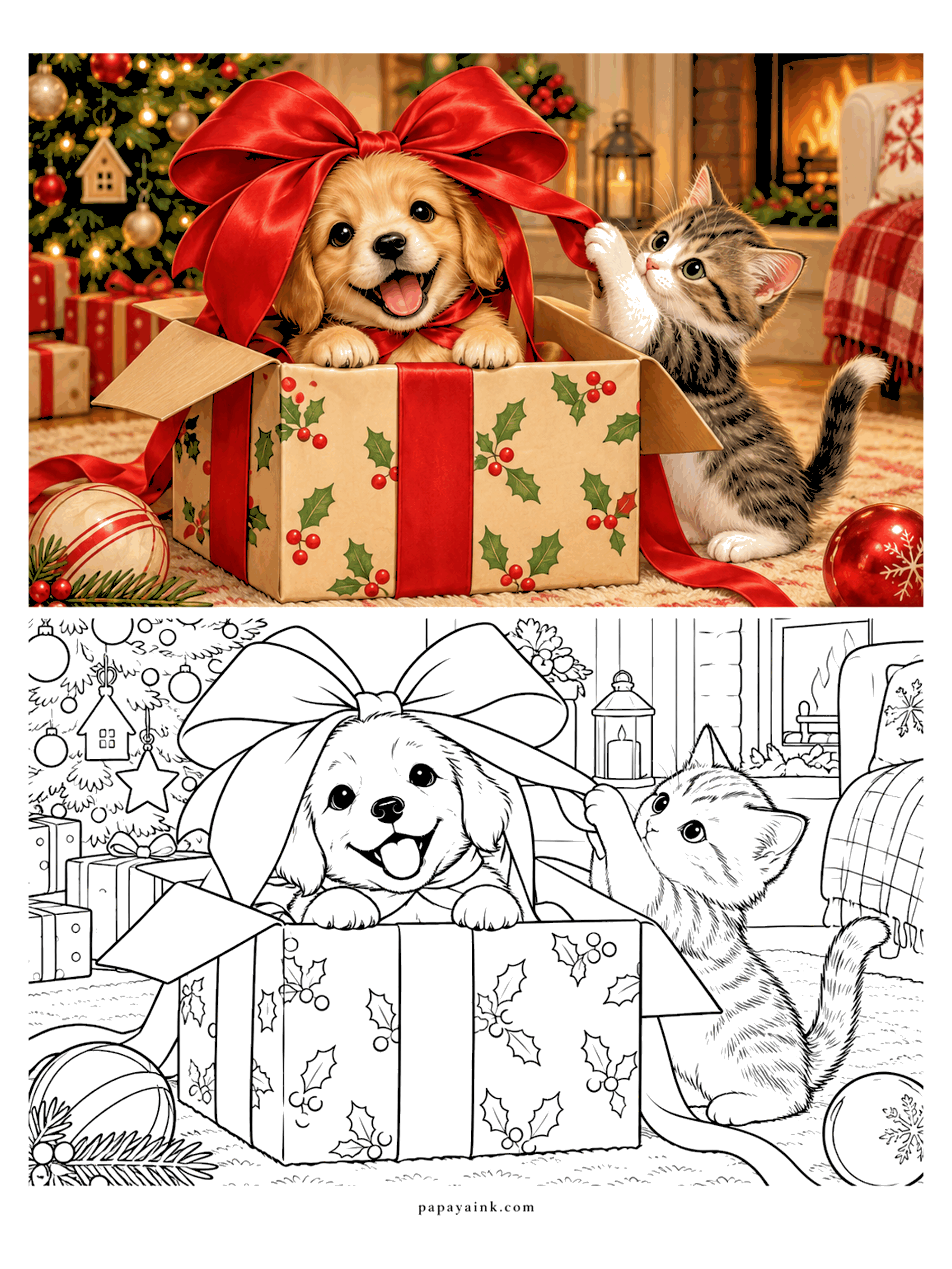 Cute Christmas Coloring Pages - A golden puppy pops out of a holly-print gift box as a tabby kitten tugs on the red ribbon.