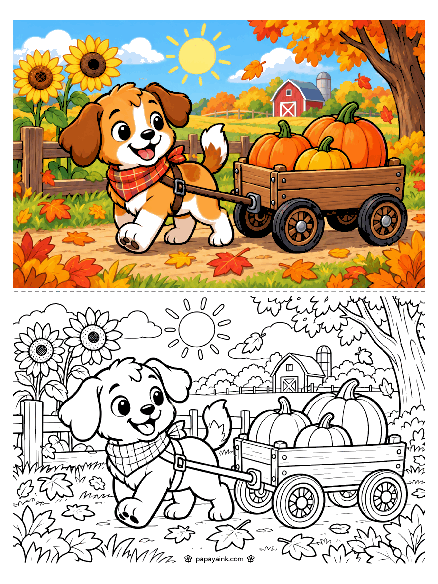 Pumpkin Coloring Pages - A puppy in a plaid bandana pulls a wooden wagon loaded with pumpkins down a farm lane past sunflowers, a fence, and a red barn.