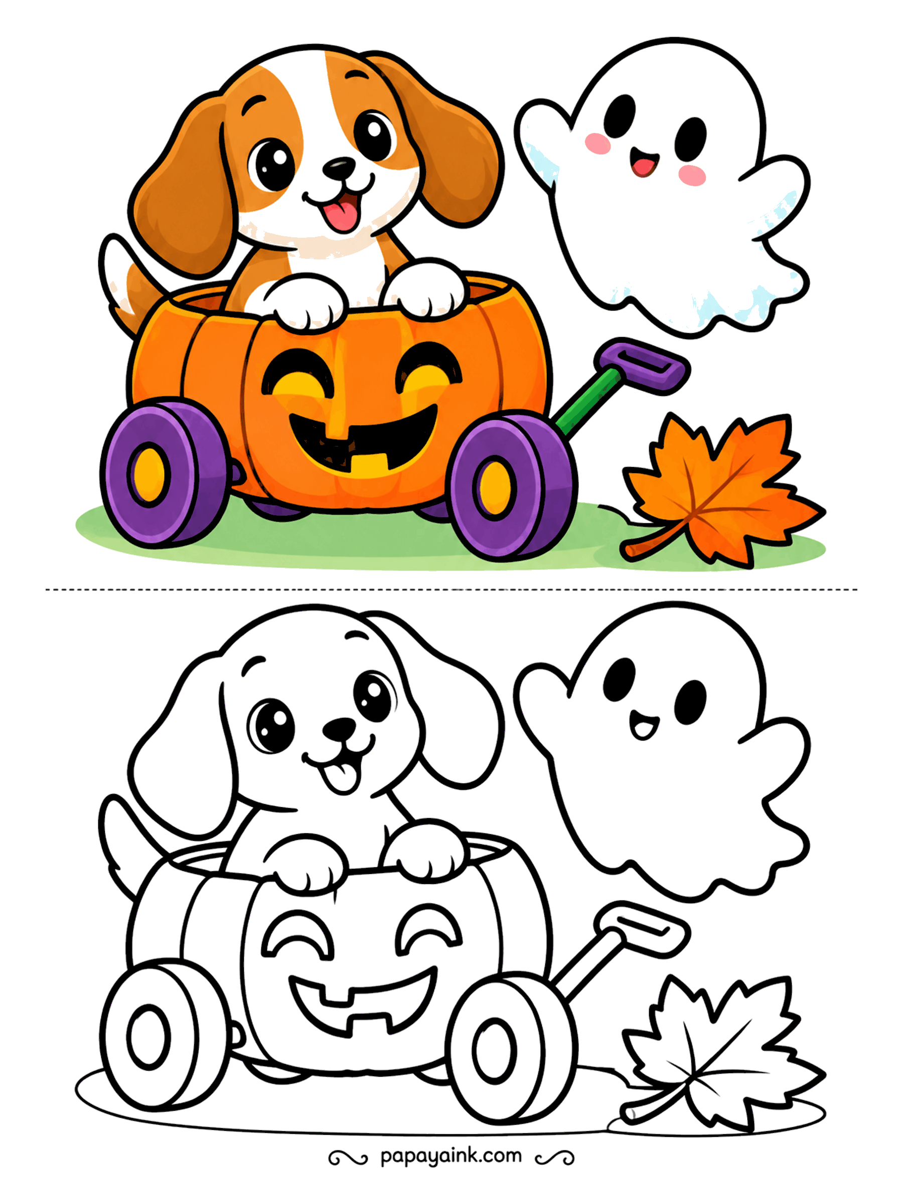 Easy Cute Halloween Coloring Pages - The floppy-eared puppy is going trick-or-treating in style: a pumpkin wagon on purple wheels, with a ghost floating alongside as escort. Try a darker orange inside the wagon's grooves to make the carved face pop.