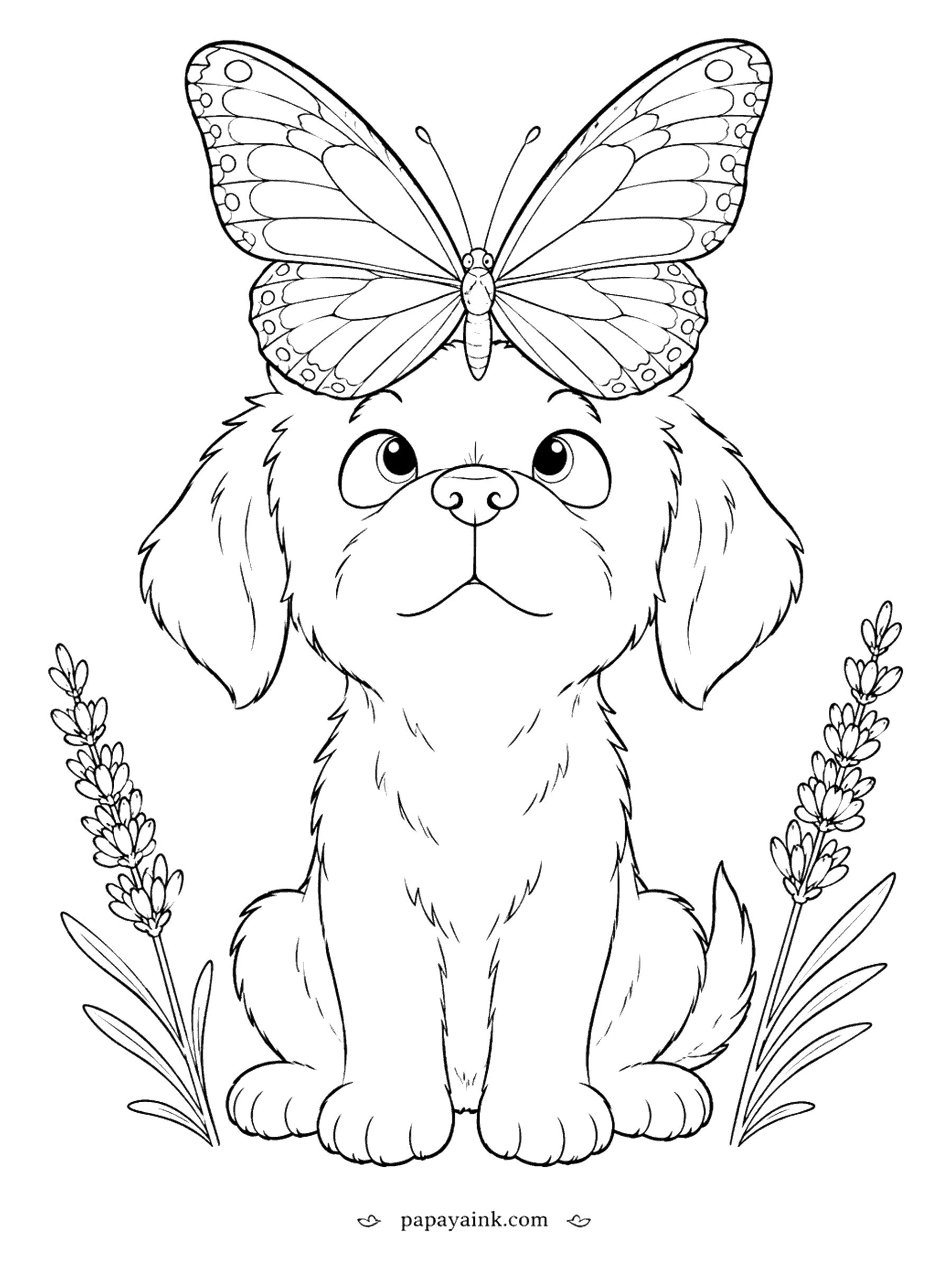 Butterfly Coloring Pages - Puppy and Butterfly Coloring Page: Butterfly Landing on a Nose, Lavender Sprigs