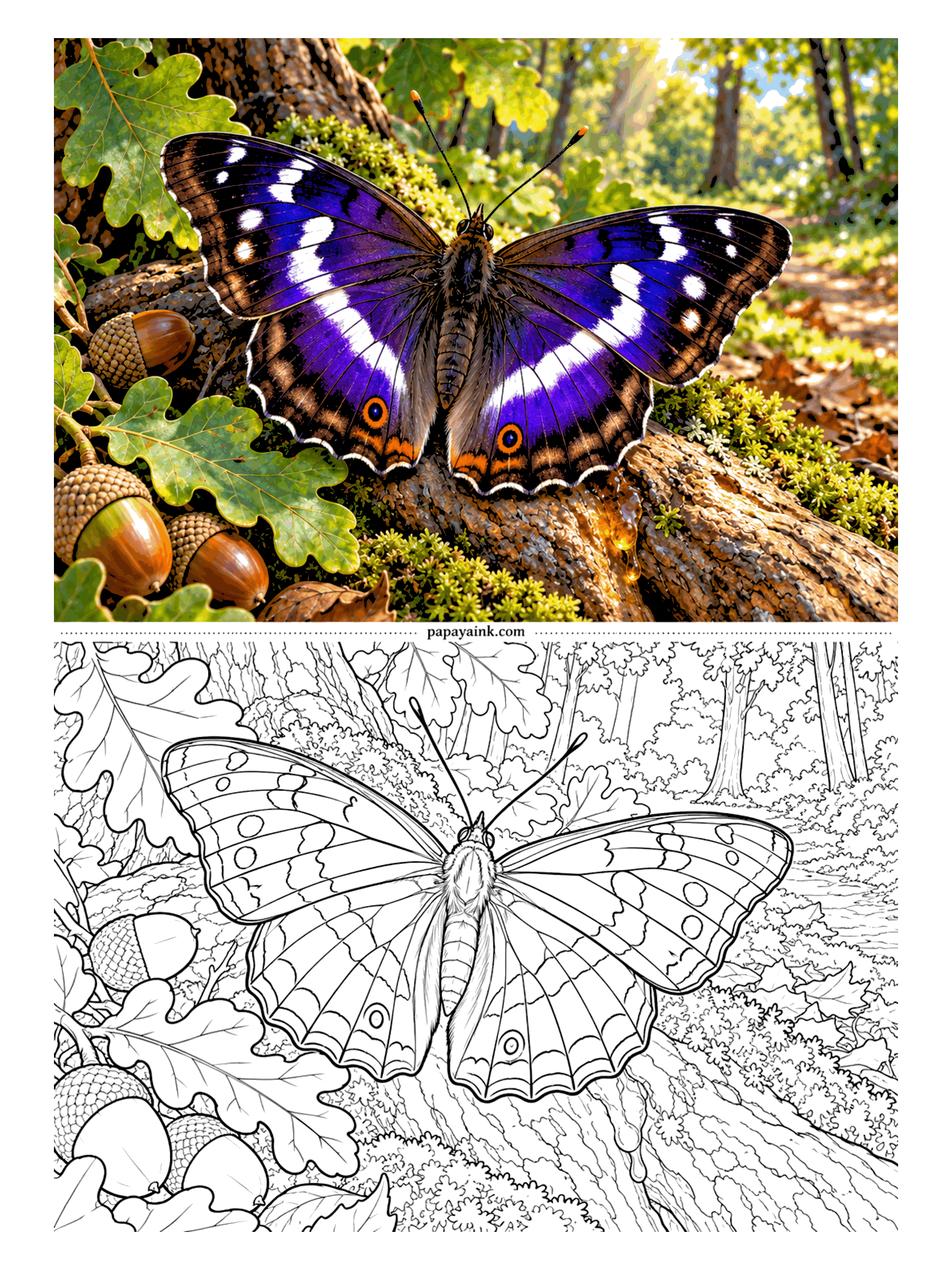 Butterfly Coloring Pages - Oak leaves, acorns and a purple emperor feeding on tree sap. The purple sheen on its wings shows from one angle only, so color one wing in violet and the other in warm brown - that is how it really looks in the woods.