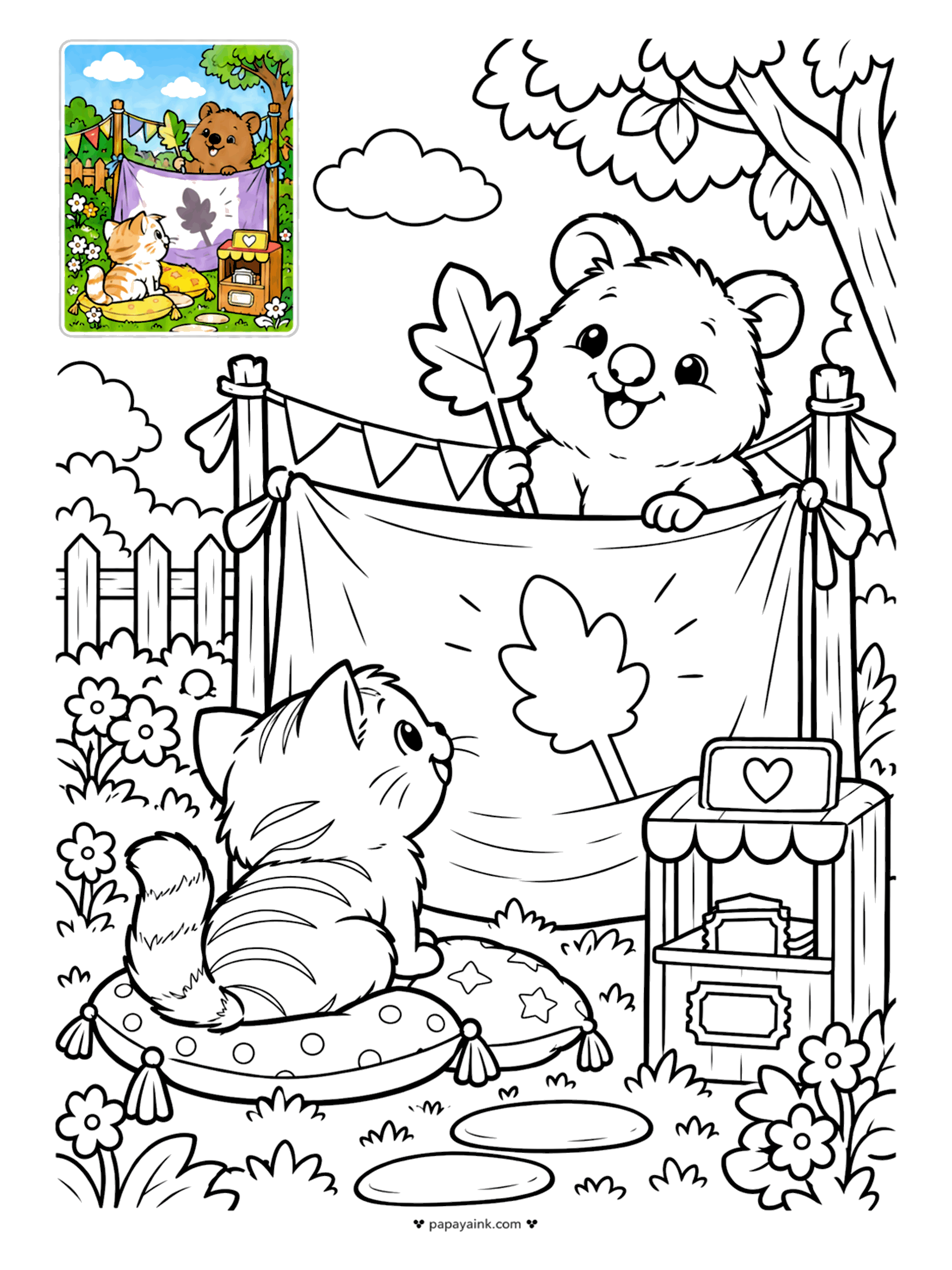 Color Guide Coloring Pages - Showtime behind a sheet: the quokka casts a leaf shadow on the curtain while a kitten watches from a cushion, ticket booth to one side. Quokkas live mostly on islands off Western Australia. Warm brown fur, pastel bunting.