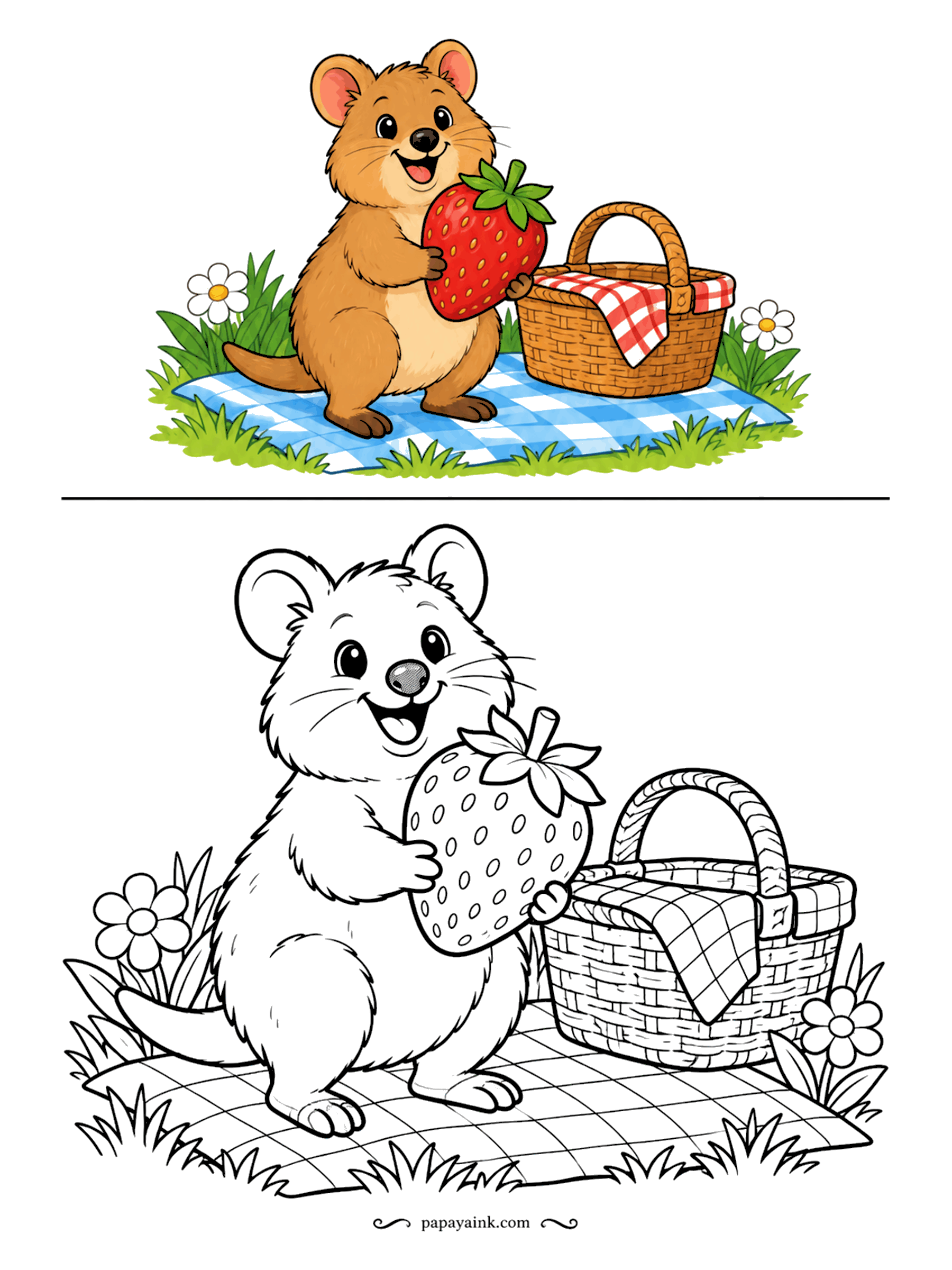 Copy Coloring Pages - A strawberry nearly the size of its own head, a wicker basket, a checkered blanket - the quokka, often called the happiest animal on Earth, has everything it needs. Easy shapes with a little pattern.