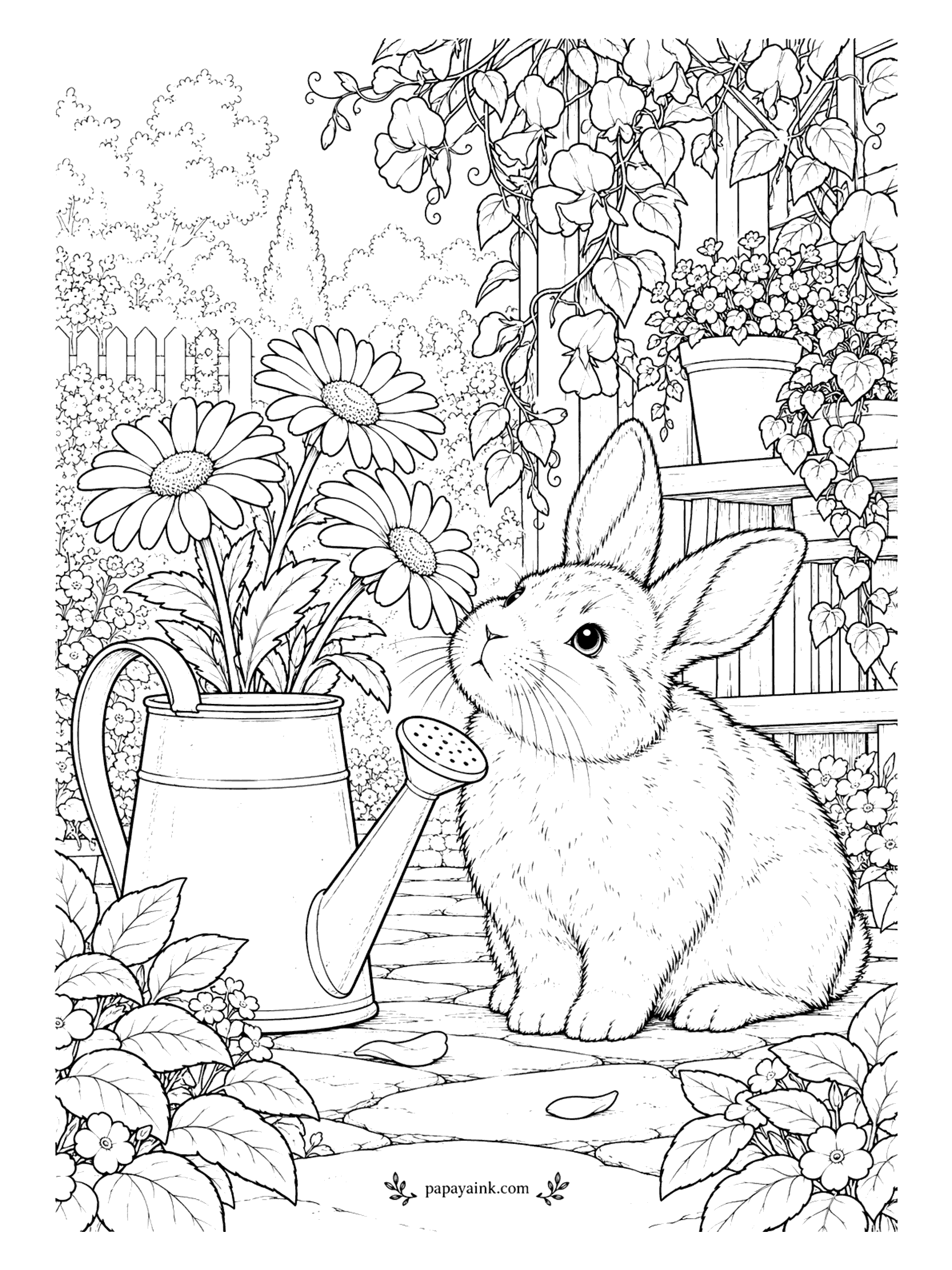 Rabbit Coloring Pages - The old watering can has retired and become a vase for big gerbera daisies, and the rabbit next to it approves. Sweet peas climb the trellis behind. Large flower heads and a smooth metal can - easy to finish in one sitting.