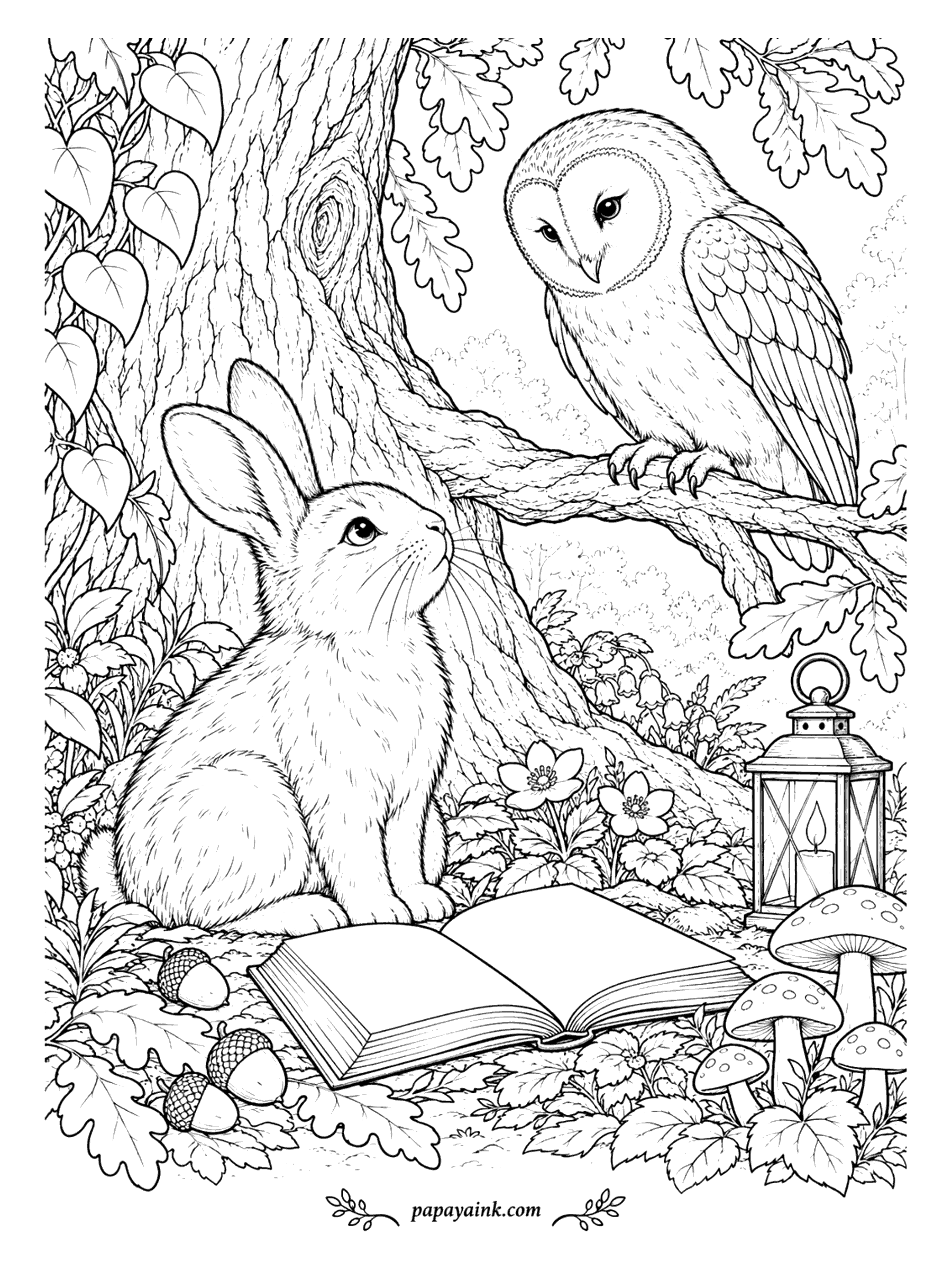 Rabbit Coloring Pages - A rabbit looks up at a barn owl on an oak branch, with an open book, acorns, mushrooms and a lantern in the grass.