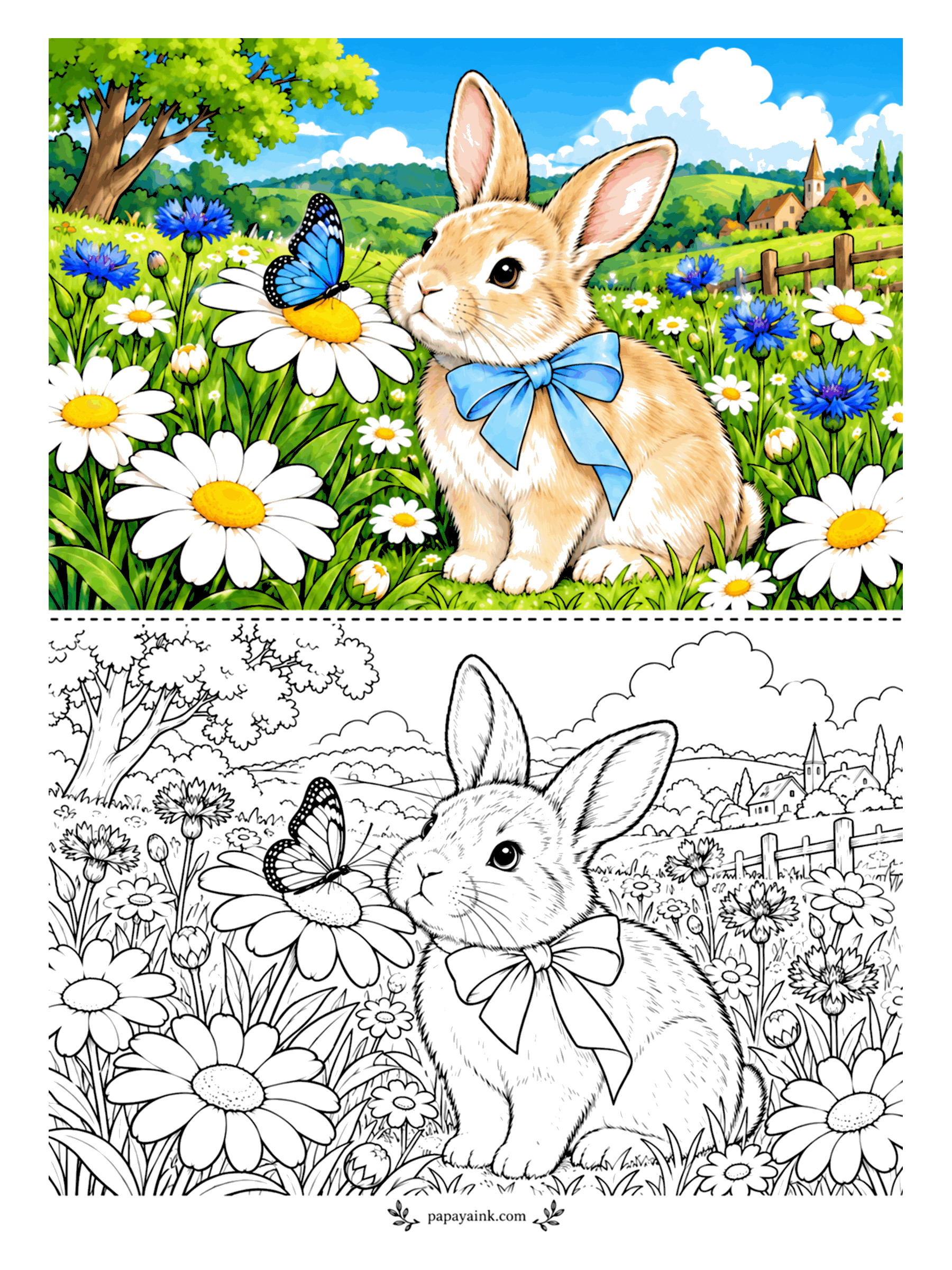 Rabbit Coloring Pages - A butterfly settles on a daisy an inch from a bunny's nose, and neither of them dares to move. Cornflowers in the grass, a village steeple on the hill, plenty of open sky. The large daisy petals make this a relaxed page for beginners.