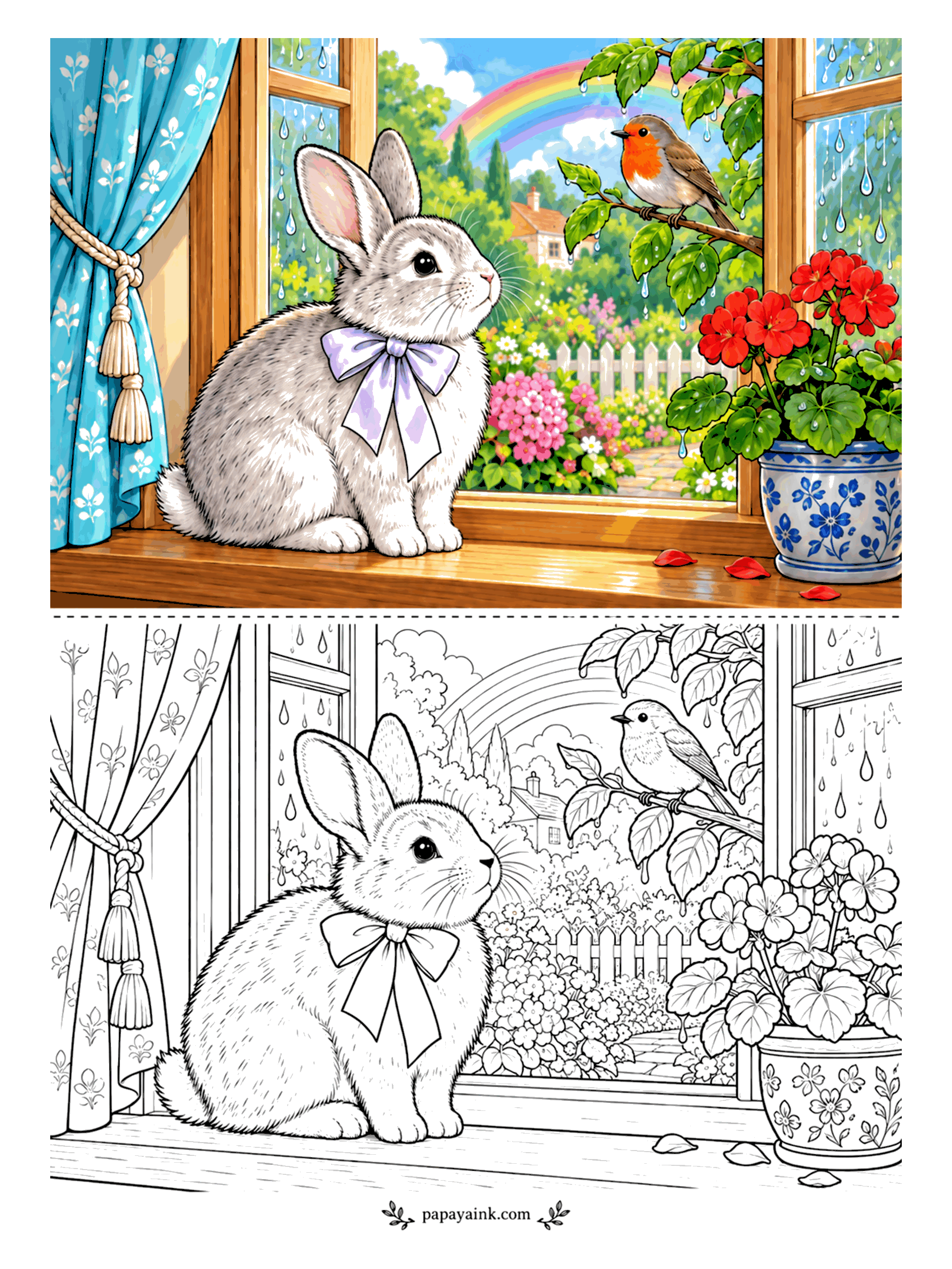 Rabbit Coloring Pages - Rain on the glass, a rainbow over the garden, a robin on the branch outside - and a rabbit on the sill that has not blinked in some time. Leave the drops white and color around them; that is what makes glass look wet.