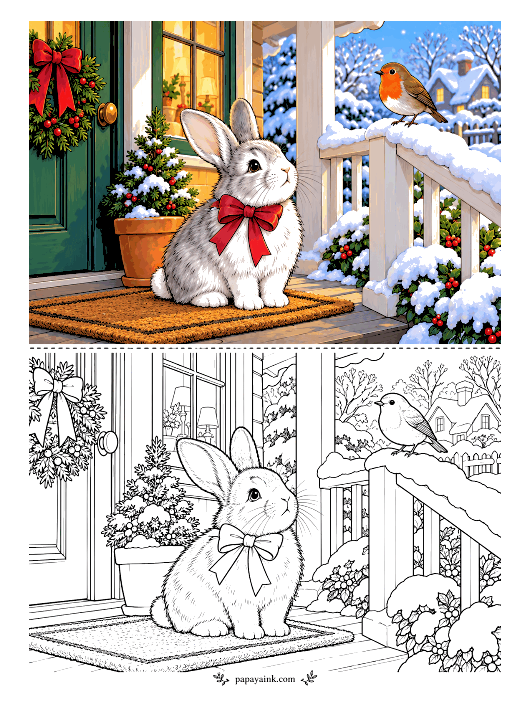 Rabbit Coloring Pages - Christmas morning on the porch. A rabbit dressed for the holidays waits on the doormat beside a little potted tree, while a robin supervises from the snowy railing. Wreath, holly berries and warm light in the window - a cozy holiday sheet.