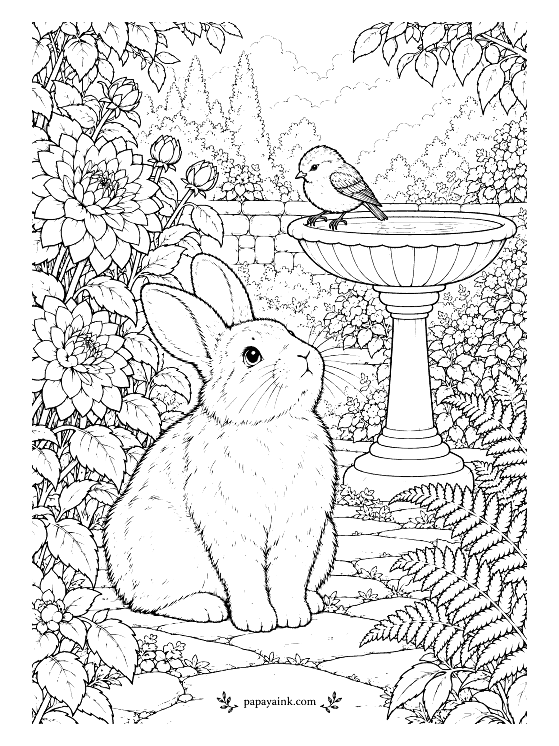 Rabbit Coloring Pages - At the birdbath a songbird stops for a drink, and the rabbit on the path below watches as if waiting for its turn. Dahlias, ferns and an old stone wall frame the garden. Big dahlia blooms reward slow, petal-by-petal shading.