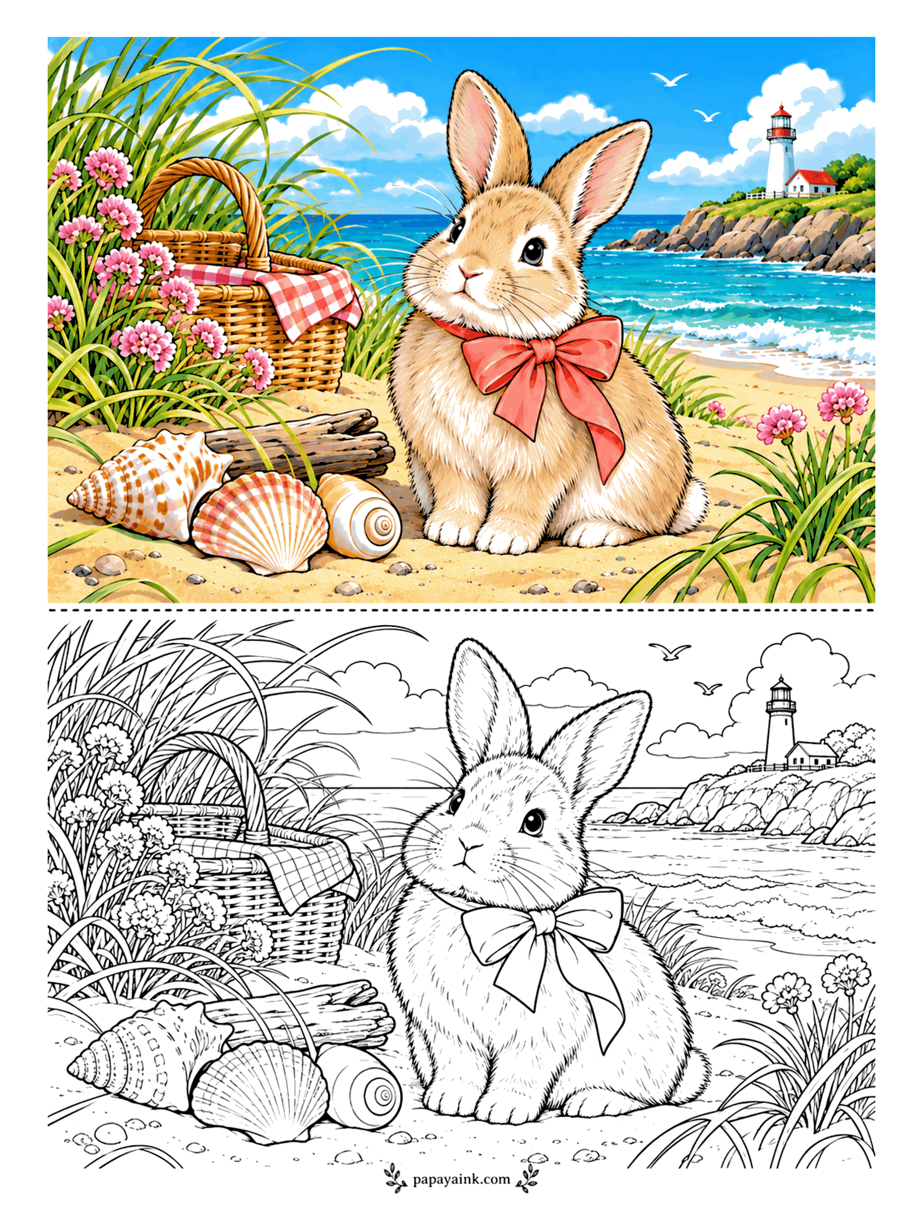 Rabbit Coloring Pages - Picnic basket packed, shells collected, lighthouse in view - this rabbit took the day off and went to the coast. Sea pinks bloom in the dune grass. For the water, layer two or three blues and leave white streaks where the waves break.