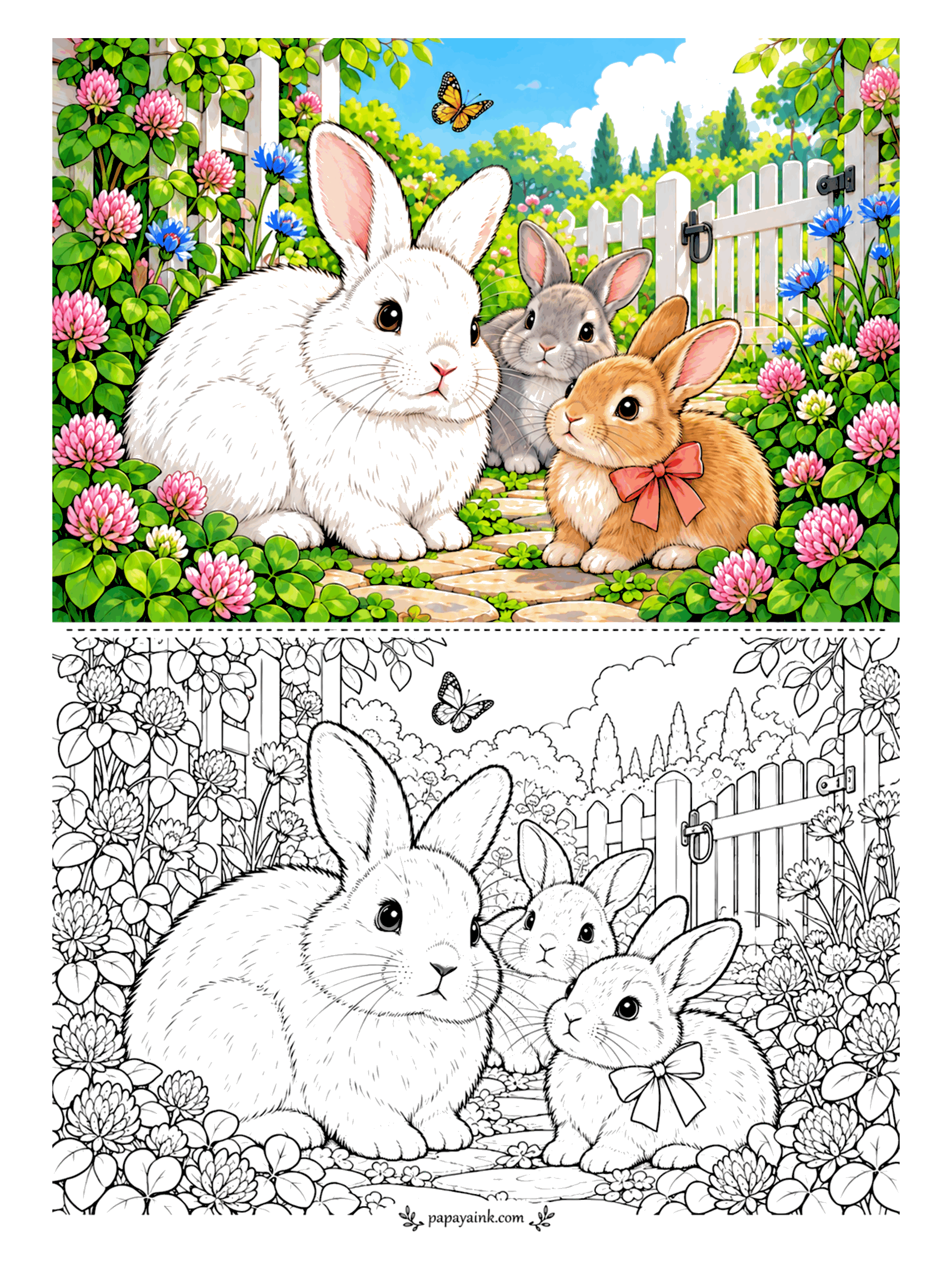 Rabbit Coloring Pages - Family portrait on the clover path: the mother in white, a gray kit tucked behind her, a ginger kit in front with a coral ribbon. For the clover heads, use two pinks - dark at the base, light at the top.