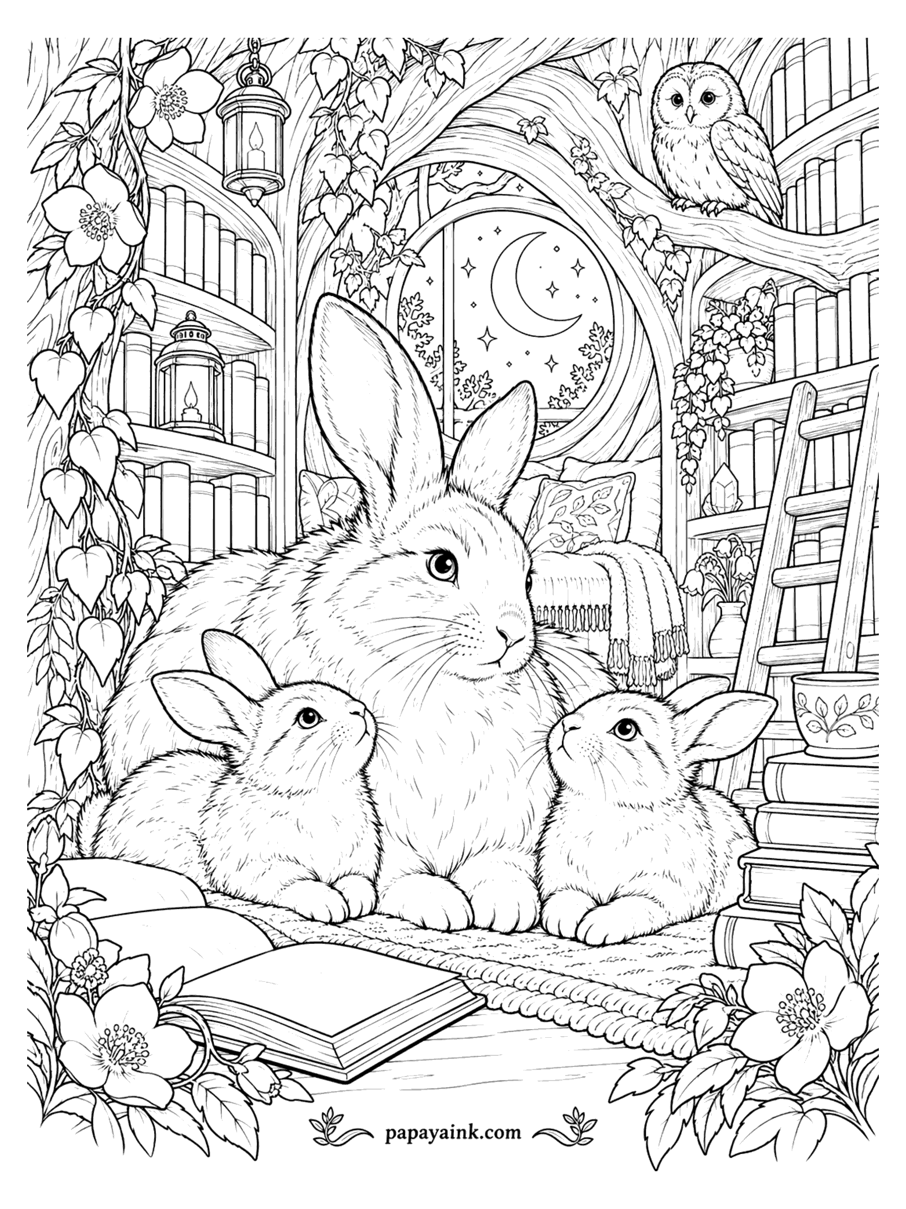 Rabbit Coloring Pages - A mother rabbit and two babies in a cozy reading nook under a crescent moon, with an owl on the branch and lanterns among the bookshelves. Detailed.