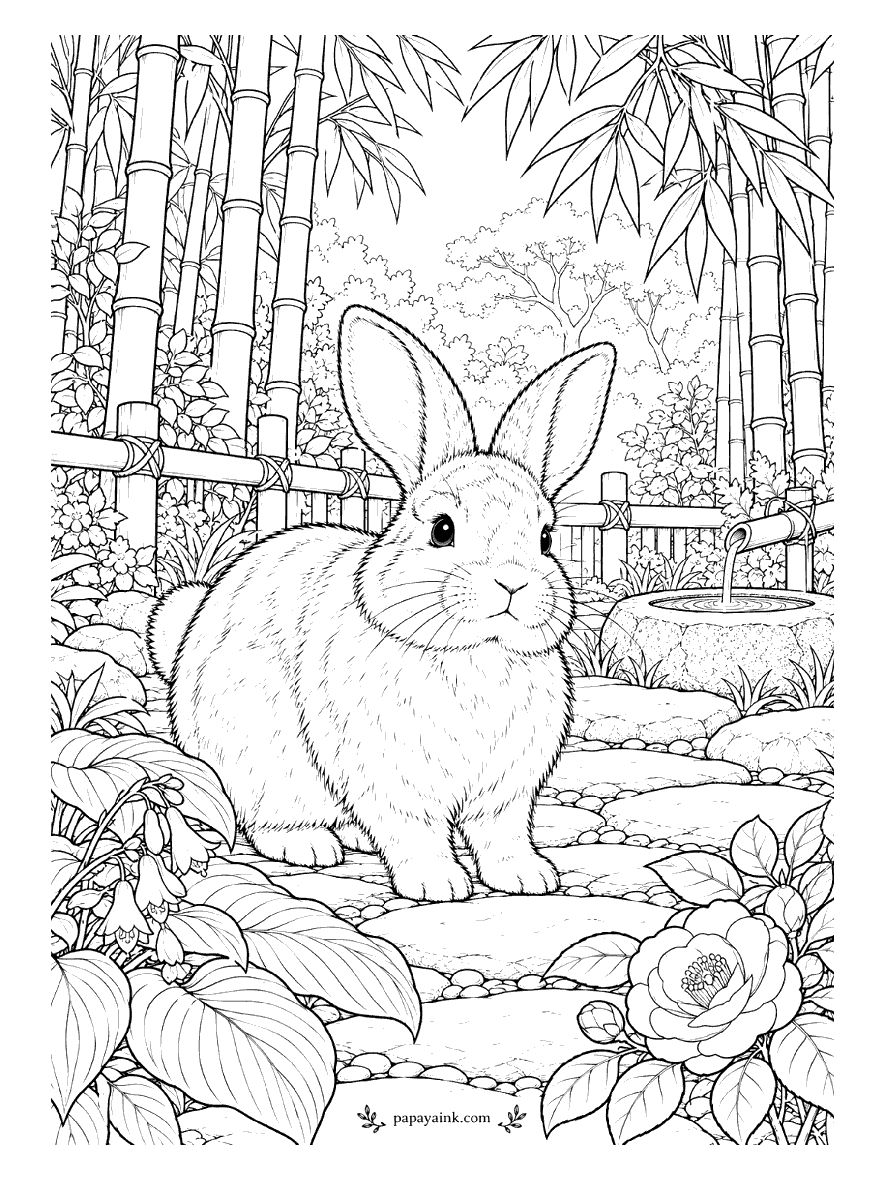 Rabbit Coloring Pages - In the bamboo garden water trickles from a spout into a stone basin, a camellia blooms, and the rabbit sits perfectly calm in the middle of it all. The tall stalks are soothing to color in long, steady strokes; leave a thin highlight down each one.