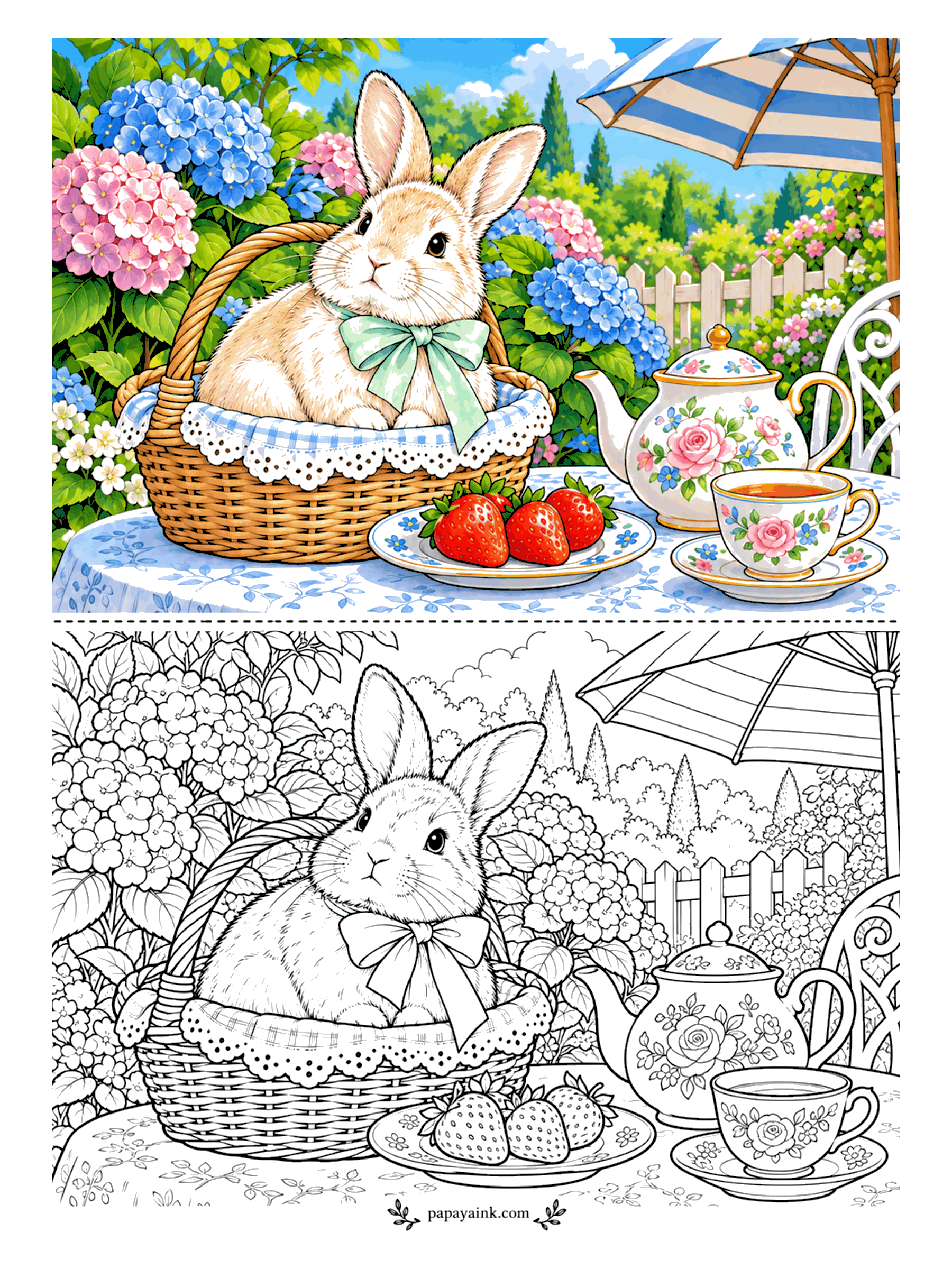 Rabbit Coloring Pages - Tea for one at a garden table, and the guest arrived in a basket. Blue and pink hydrangeas, strawberries on a saucer, rose-painted china under a striped umbrella. Eyelet lace and tiny florals on the china make this one slow and satisfying.