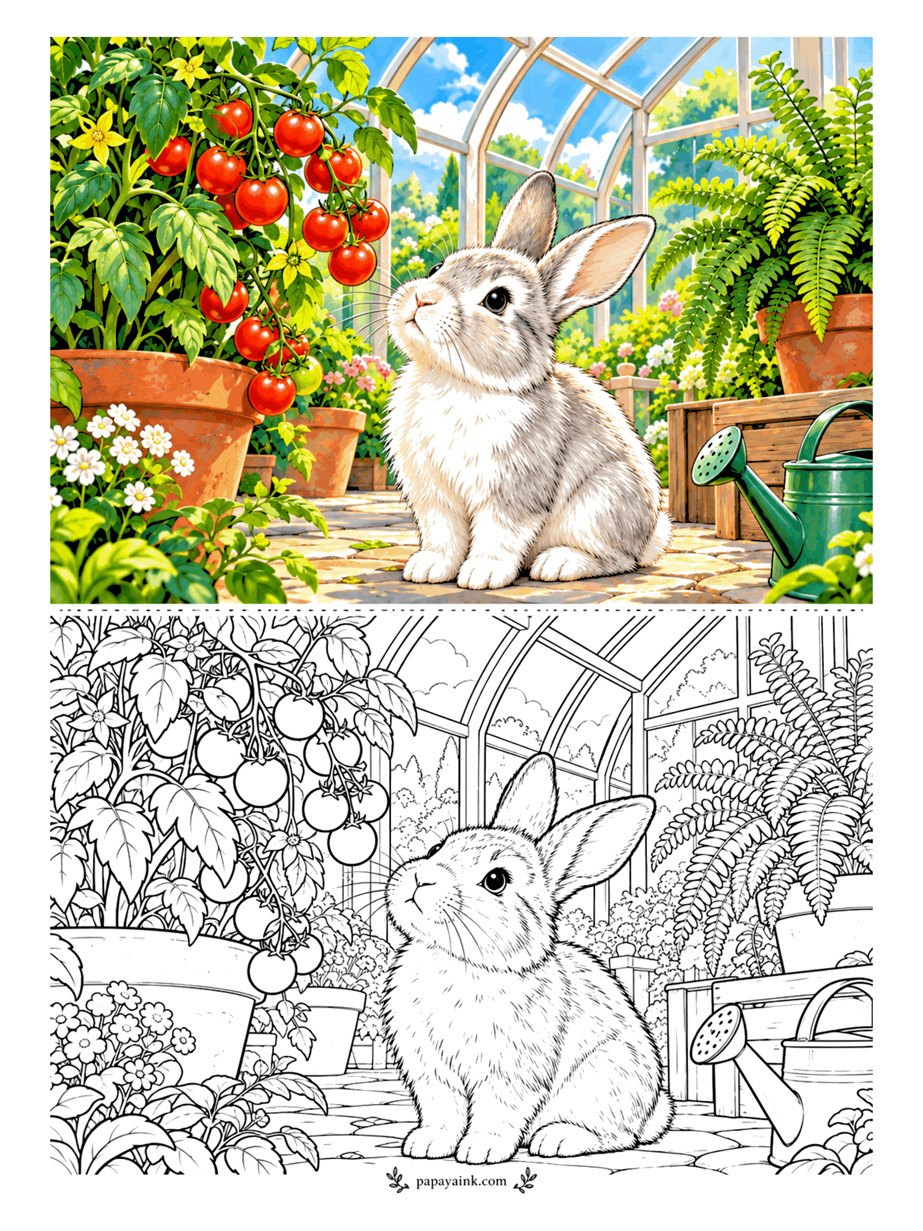Rabbit Coloring Pages - The tomatoes in this greenhouse are ripening one at a time, and the rabbit below intends to be present for each one. Ferns, terracotta pots and a watering can fill the rest of the glasshouse. Detailed - arched panes and plenty of tomato leaves.