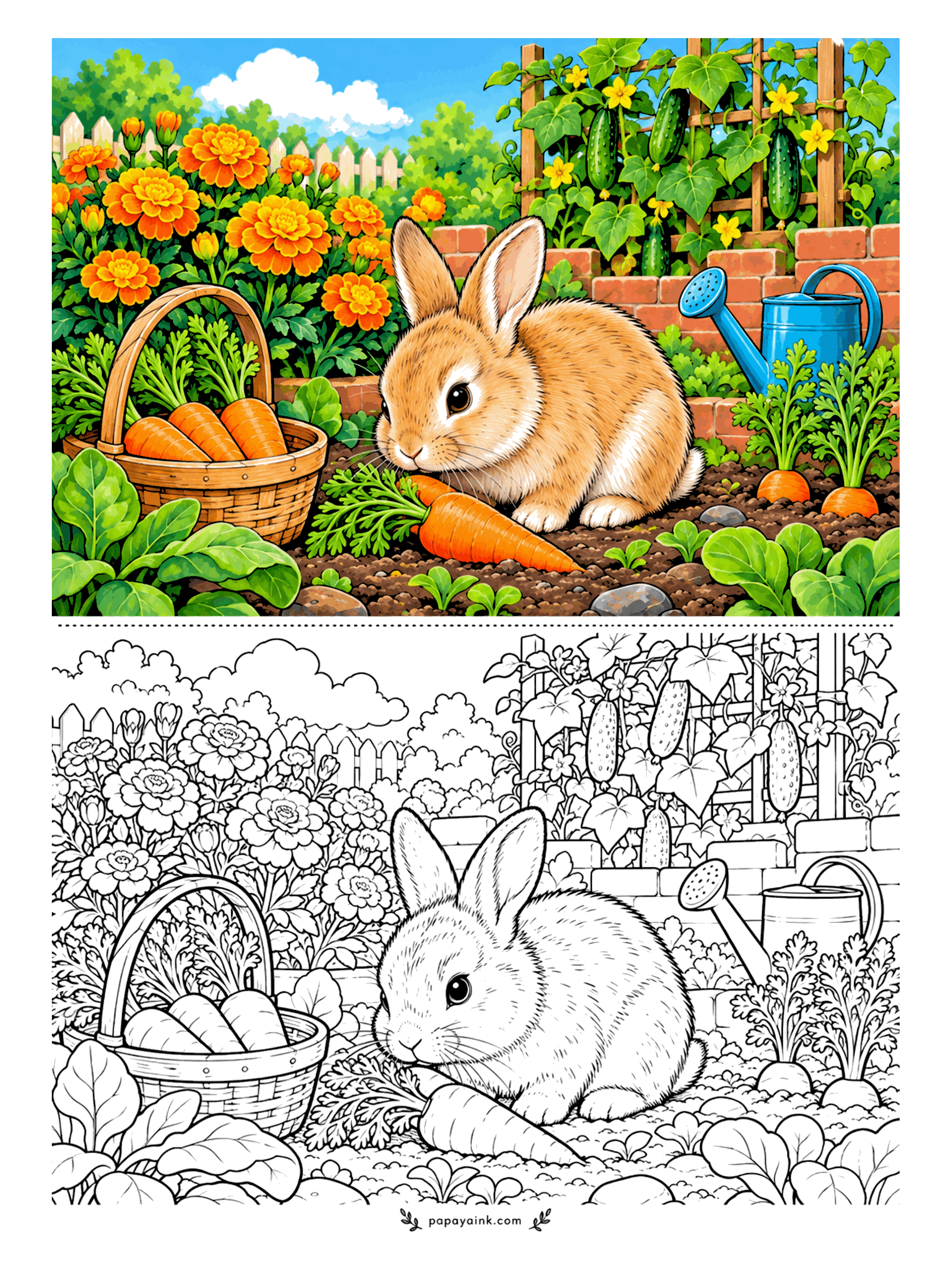 Rabbit Coloring Pages - Caught in the act. One carrot is already out of the row, a basket of others waits nearby, and the rabbit looks only slightly sorry. Marigolds along the fence, cucumbers climbing the trellis. Busy with feathery carrot tops - a sheet for sharp pencils.