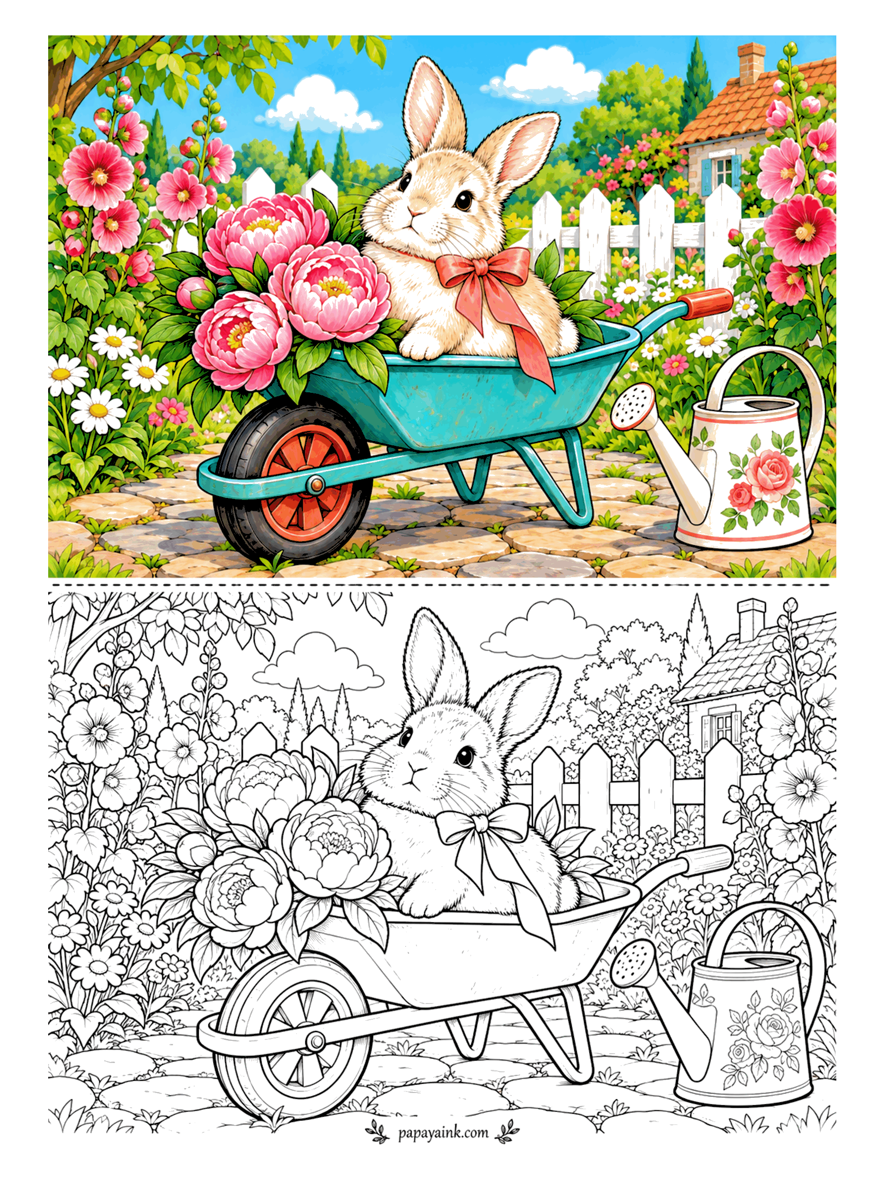 Rabbit Coloring Pages - Peonies in one half of the wheelbarrow, a rabbit in a coral bow in the other, and nobody left to push. The peonies are layered deep - color them from the center out, darkest pink first.