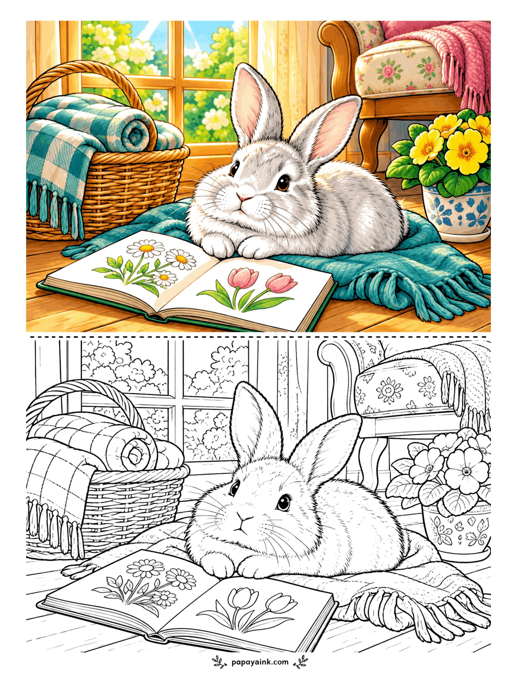 Rabbit Coloring Pages - Left open on the blanket: a book of flower pictures, daisies on one page and tulips on the other, and a rabbit has settled in to read along. Plaid throws in the basket, primroses by the armchair. Try a light, watercolor-style touch on the book pages.