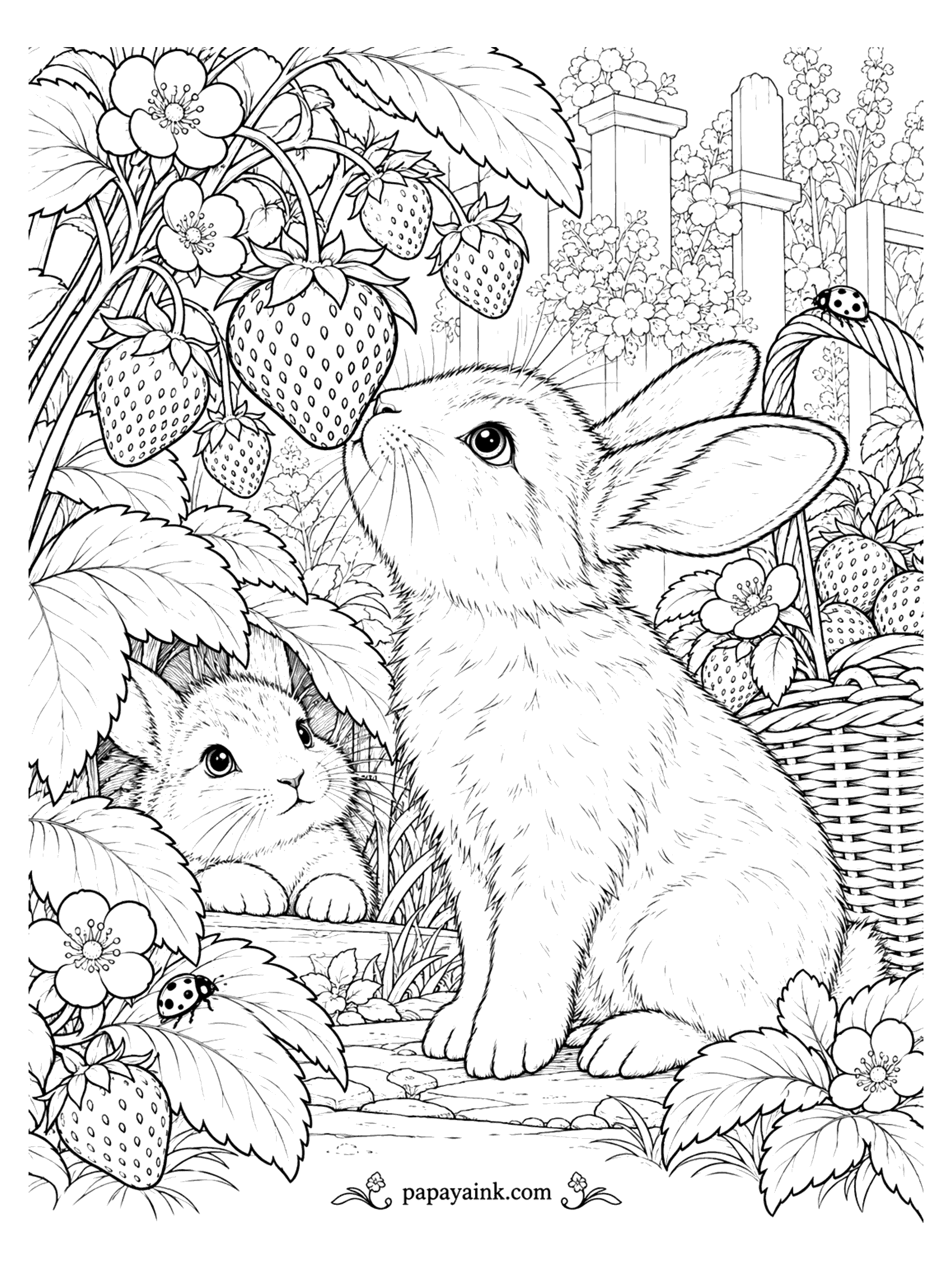 Rabbit Coloring Pages - A rabbit sniffs a ripe strawberry while a baby peeks out from under the leaves, ladybugs crawling nearby.