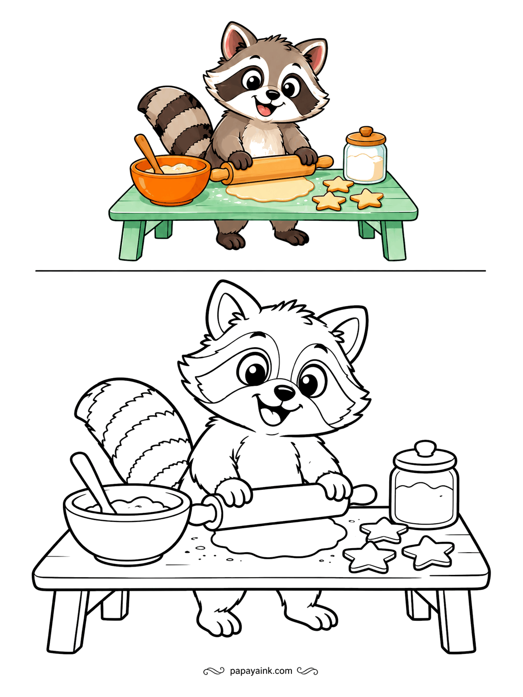 Copy Coloring Pages - Star cookies on the way. The raccoon rolls out the dough at a kitchen table, mixing bowl to one side and a jar of flour to the other. The mask around the eyes and the ringed tail are the parts to get right.