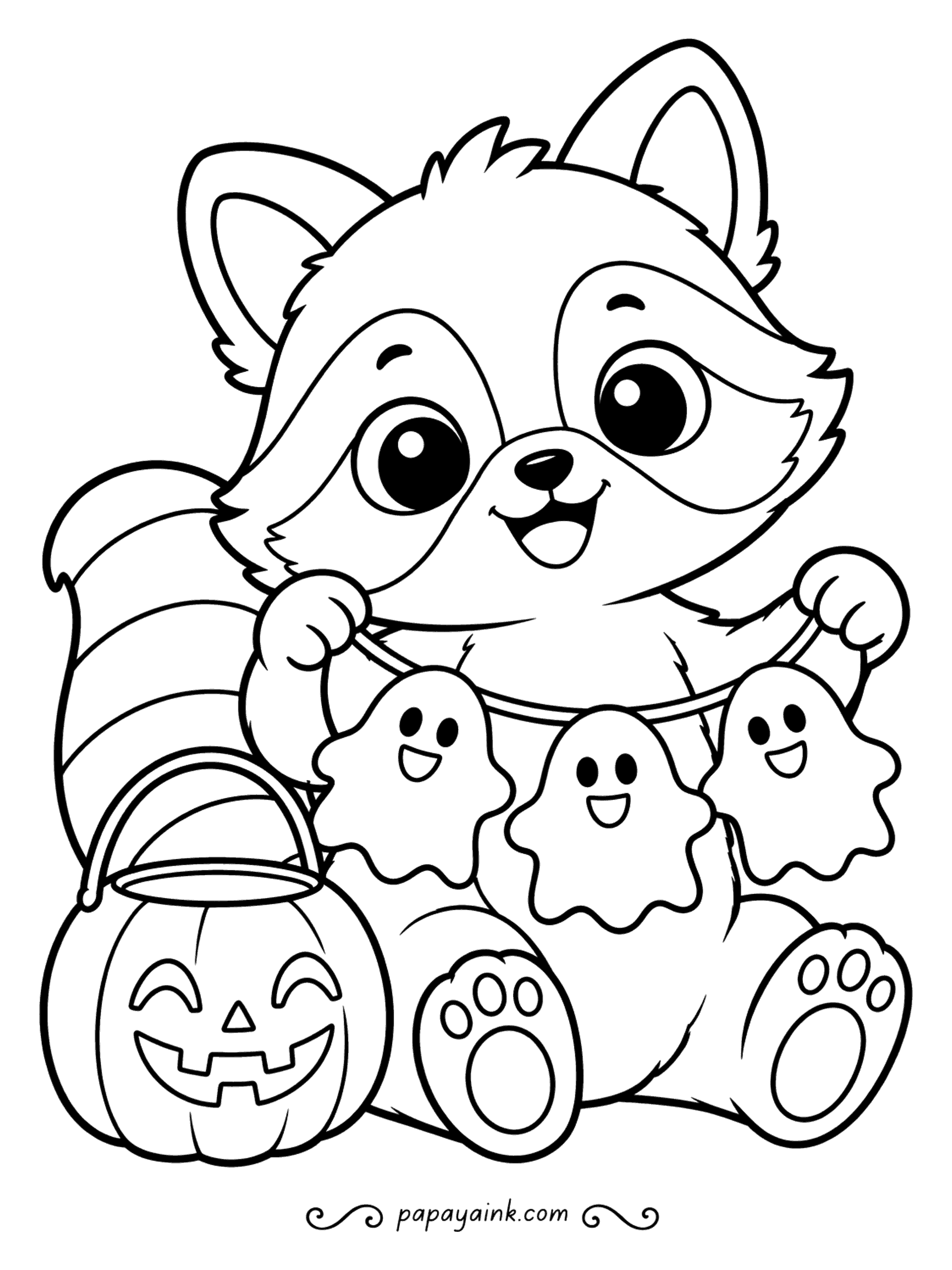 Easy Cute Halloween Coloring Pages - Three paper ghosts on a string: the raccoon holds its new garland up for inspection, pumpkin bucket at the ready. Ringed tail and masked eyes make this an easy animal to recognize even before the color goes on.
