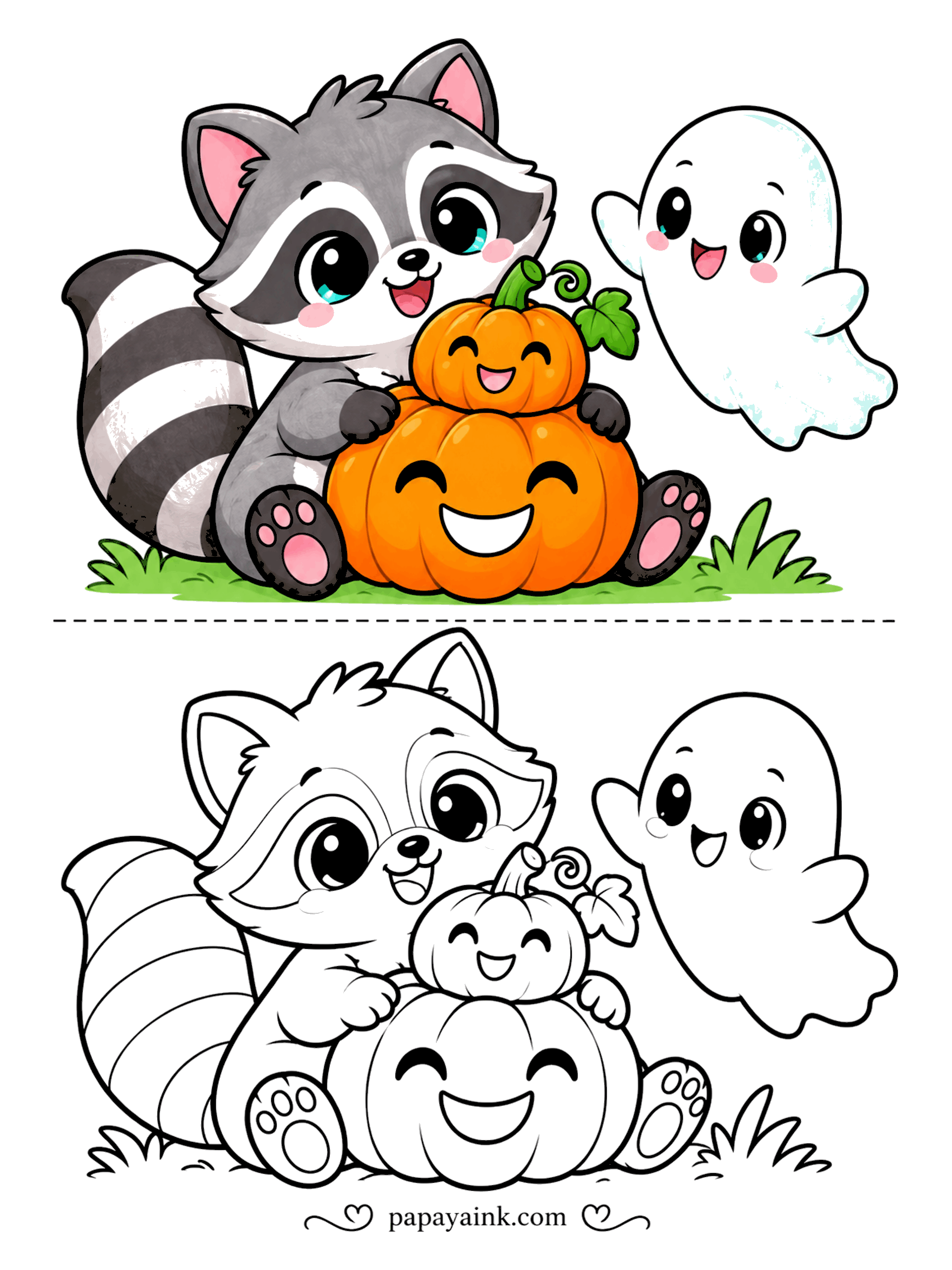 Easy Cute Halloween Coloring Pages - Two pumpkins stacked, one raccoon hugging the whole tower, and a ghost drifting over to help it balance. The ringed tail is a nice rhythm of gray and black; keep the striped pattern strong.