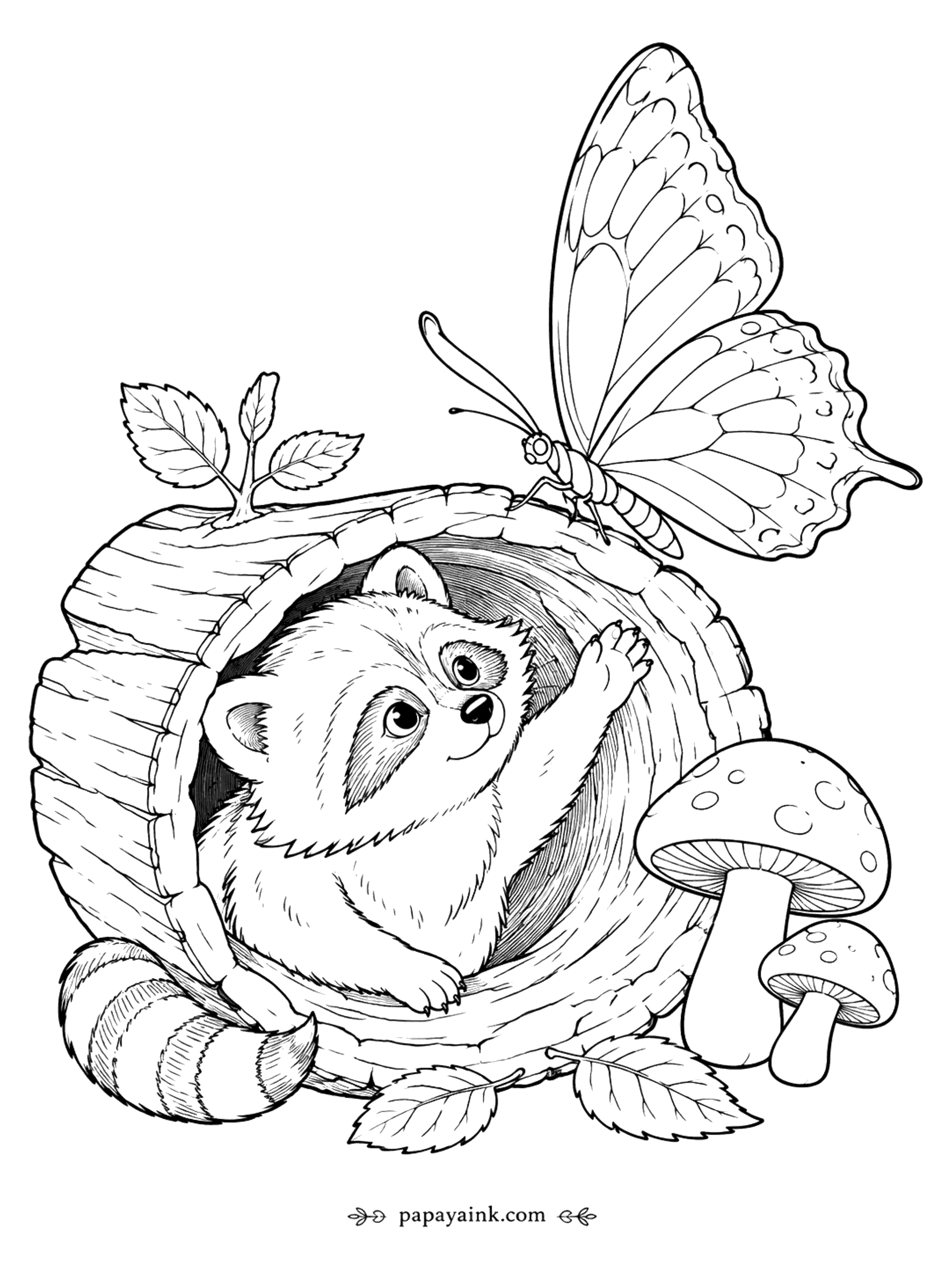 Butterfly Coloring Pages - Raccoon and Butterfly Coloring Page: Hollow Log with Mushrooms
