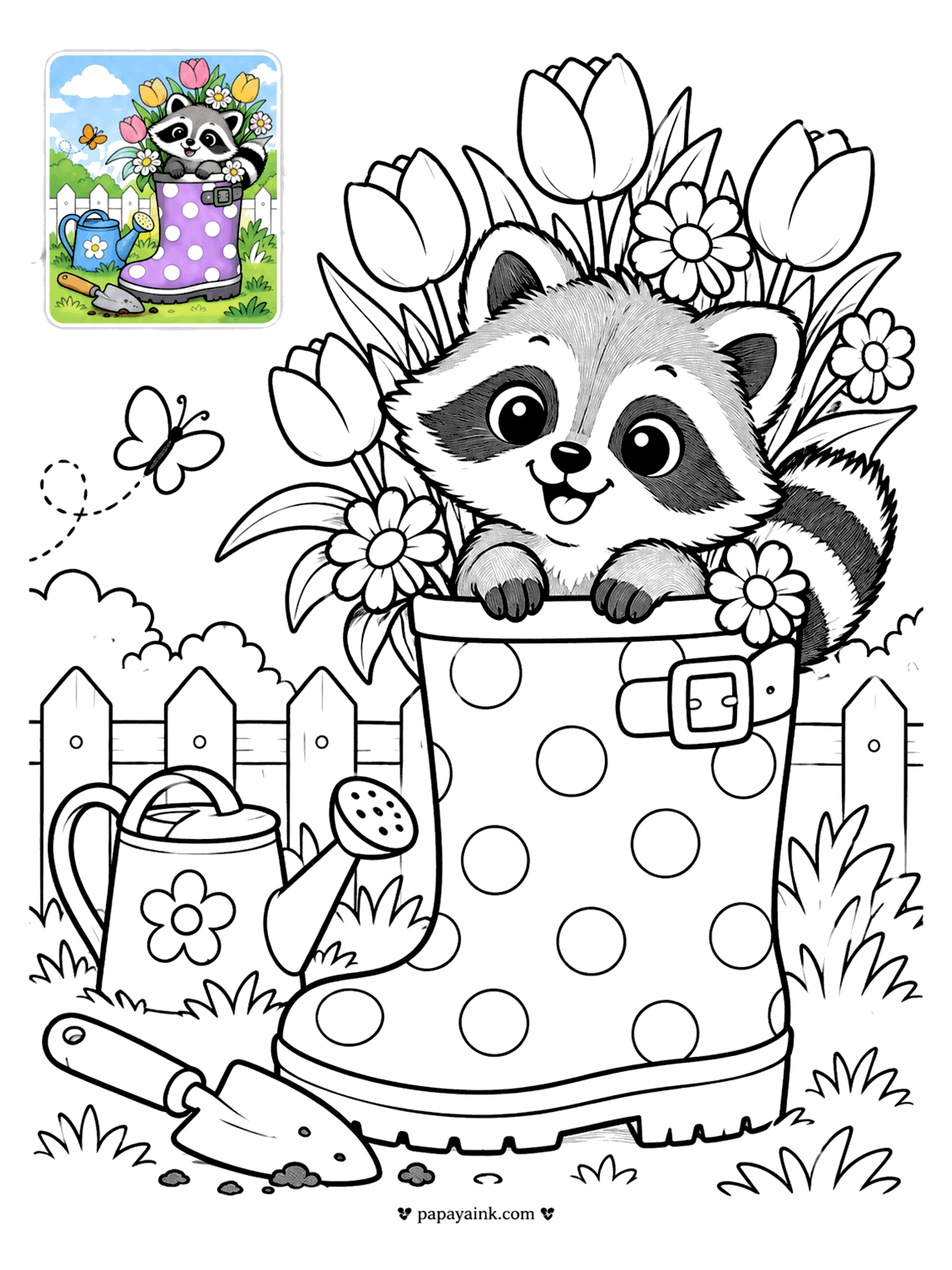 Color Guide Coloring Pages - Color guide coloring page of a raccoon peeking out of a polka-dot rain boot full of tulips, with a watering can and trowel (Detailed)
