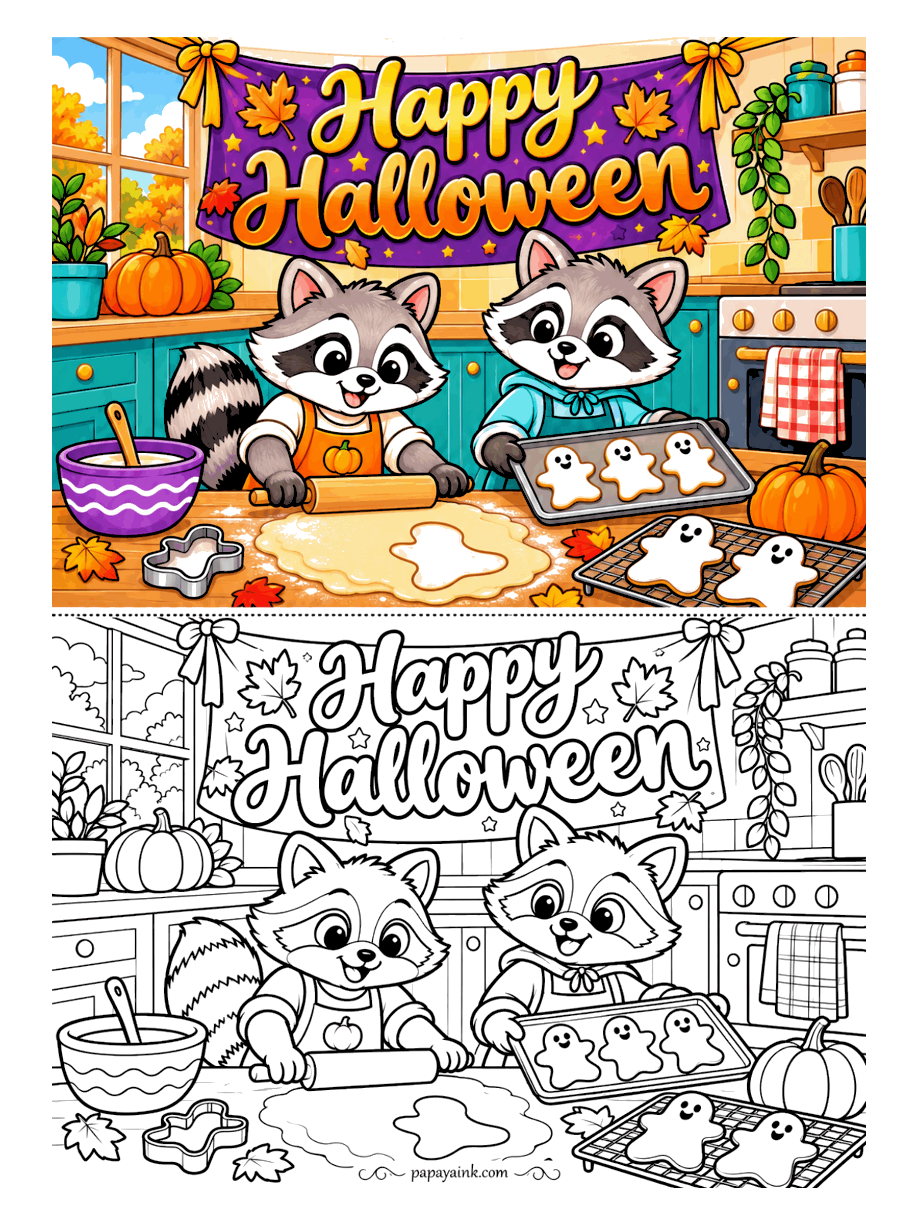 Halloween Coloring Pages - Raccoon bakers roll out the dough and cut ghost shapes, with one tray cooling on the rack already. Leave the dough cream-colored so the purple bowl and the aprons stand out.