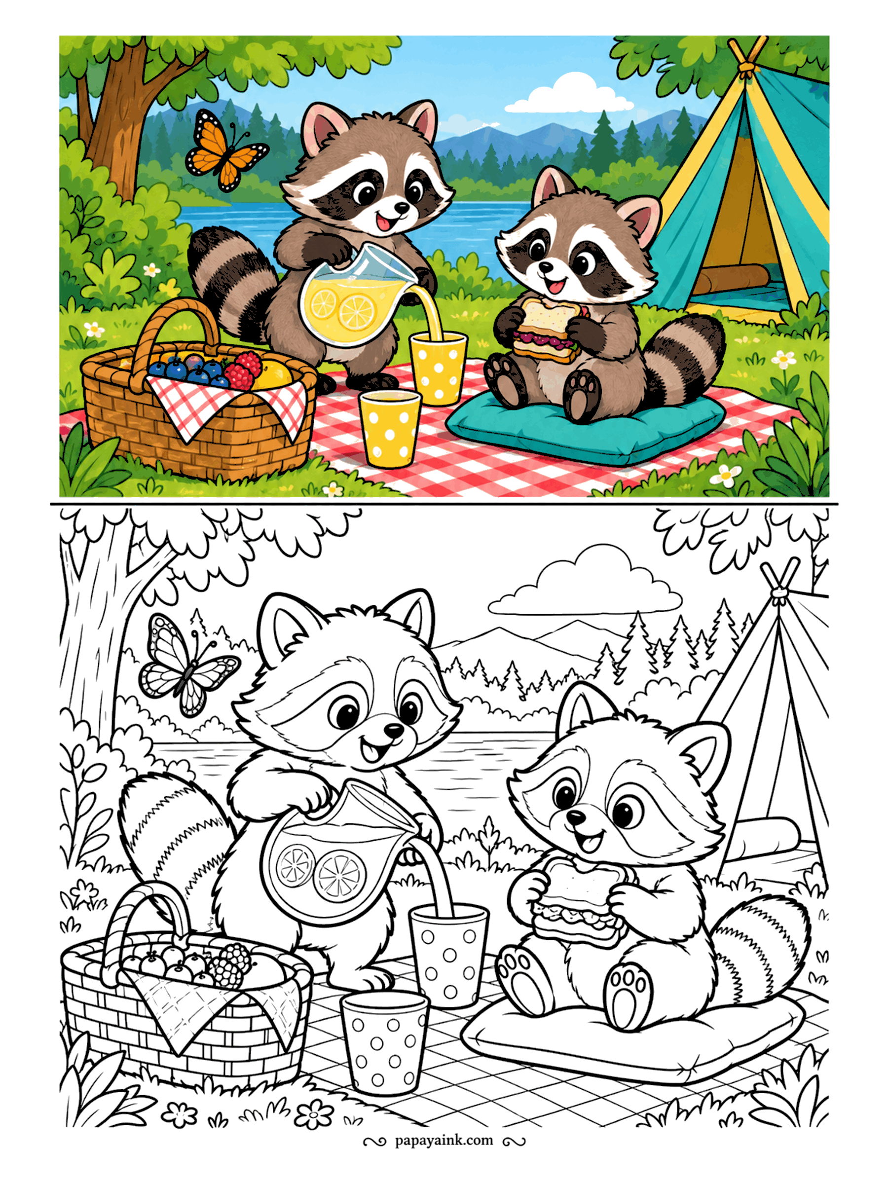 Copy Coloring Pages - Camp is set up, the tent is pitched by the lake, and one raccoon is pouring lemonade while the other gets started on a sandwich. A butterfly checks out the fruit basket. Masks and ringed tails in grays, a red checkered blanket underneath.