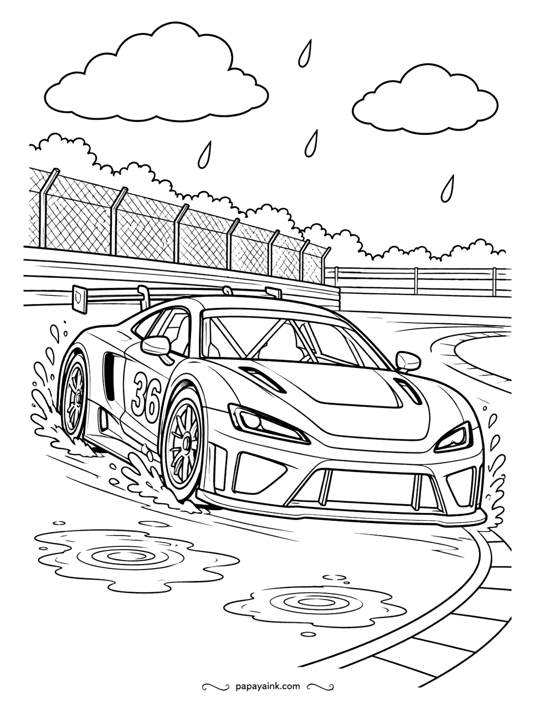Race Car Coloring Pages - Rain on the track, and every puddle is a hazard. The GT car throws a sheet of spray off its front wheel as it rounds the bend. Color the puddles pale blue and let the raindrops stay white.