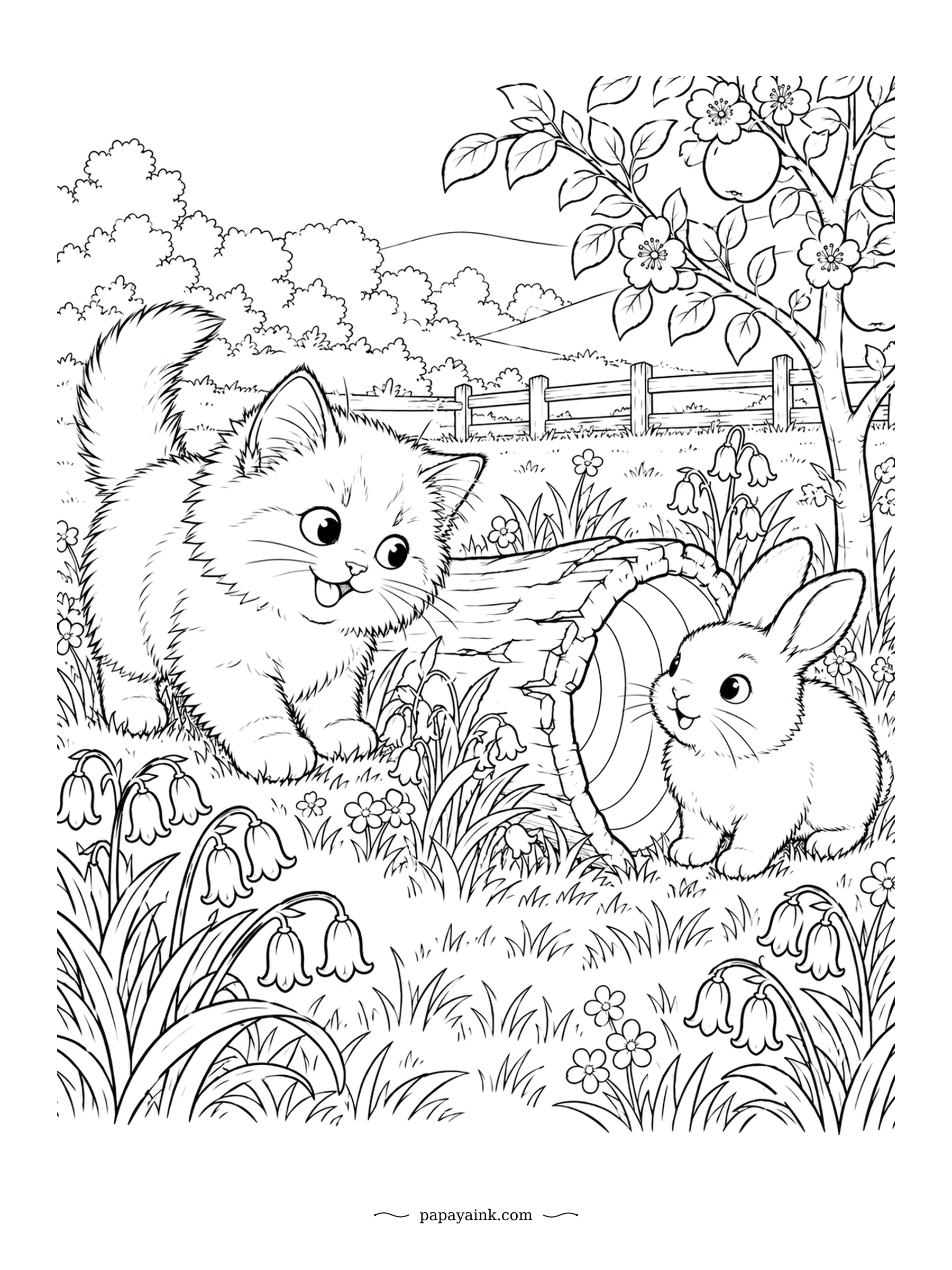 Kitten Coloring Pages - Found you: one end of a hollow log has a kitten, the other a rabbit, bluebells everywhere. Ragdolls go limp when picked up, which is where the name comes from, though this one is clearly still in play mode. Meadow, mostly grass.