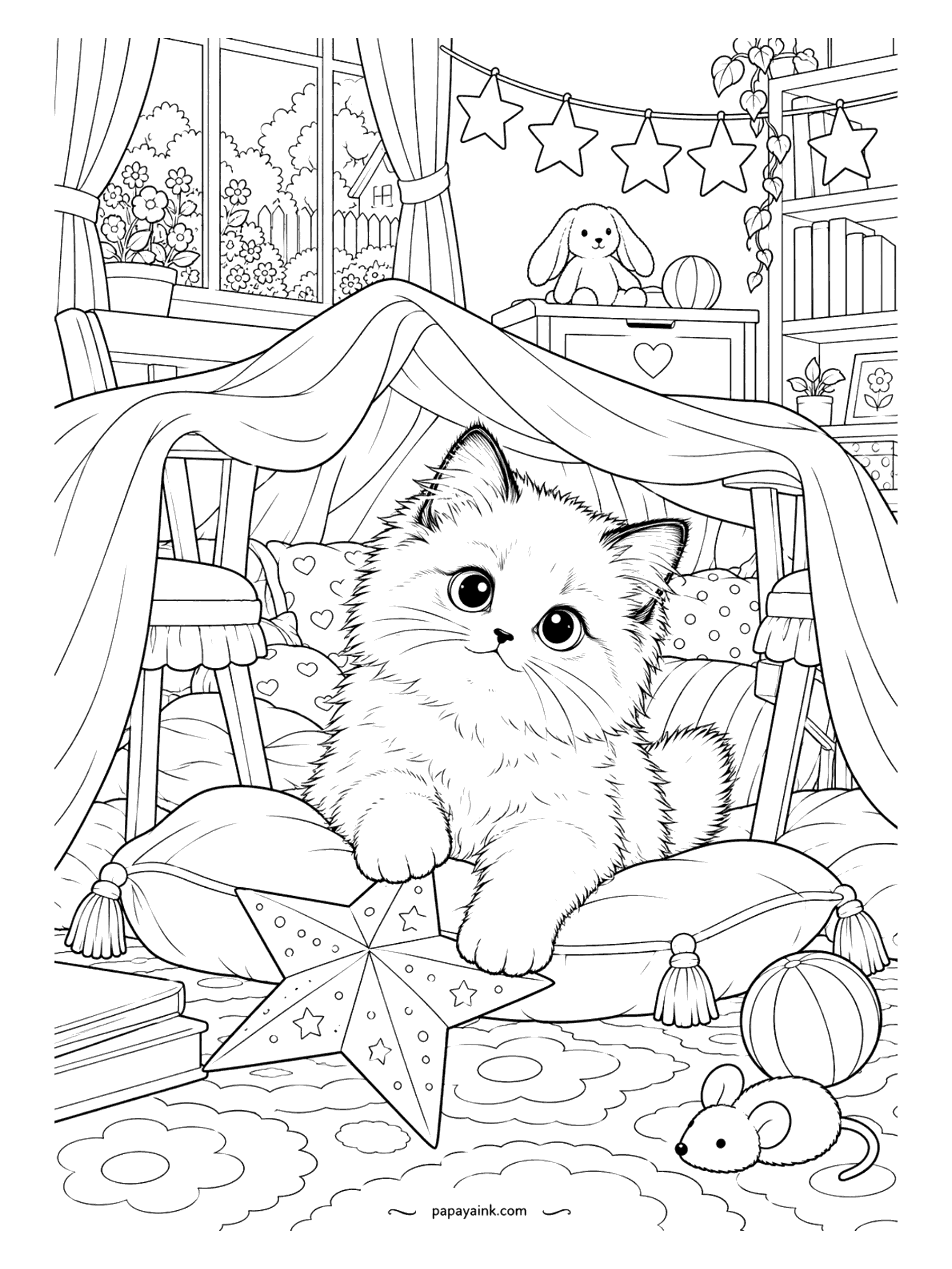 Kitten Coloring Pages - Blanket over two chairs equals a fort, and the Ragdoll kitten is the queen of it. Star garland, a plush bunny on guard, a big star pillow and a mouse that was not invited. Soft fur and big pillows - a relaxing page, not a fiddly one.