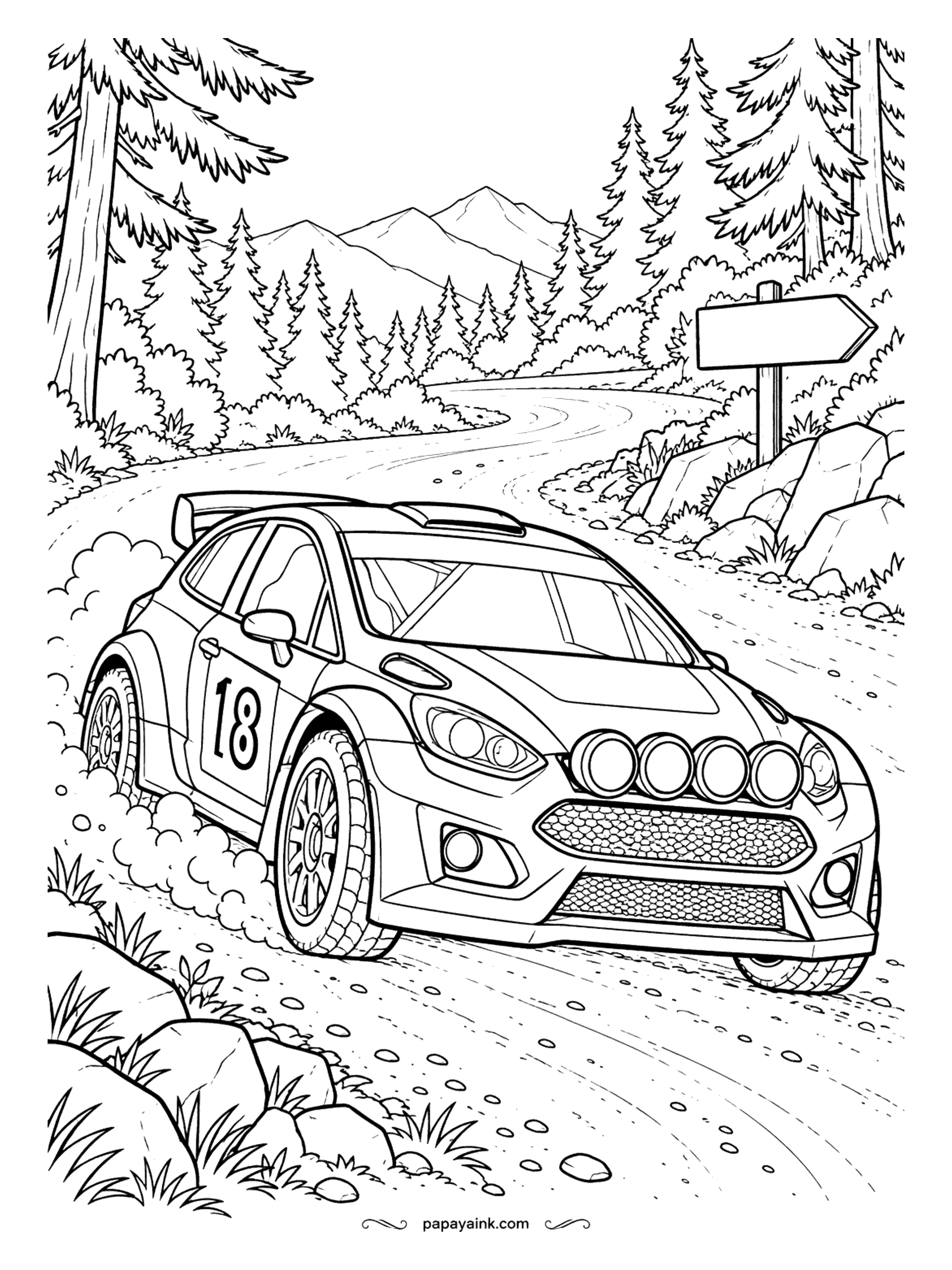 Race Car Coloring Pages - Where does the arrow point? Wherever the gravel goes next, says the rally car kicking up dust on this forest stage, four spotlights bolted across its grille. Detailed - pines, ferns, boulders and a mountain far behind.