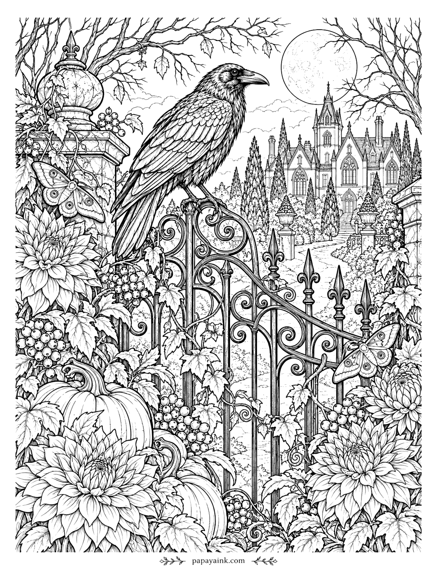 Halloween Coloring Pages for Adults - Raven perched on an ornate wrought-iron gate under a full moon, with a gothic manor, pumpkins, moths, and dahlias (Detailed)