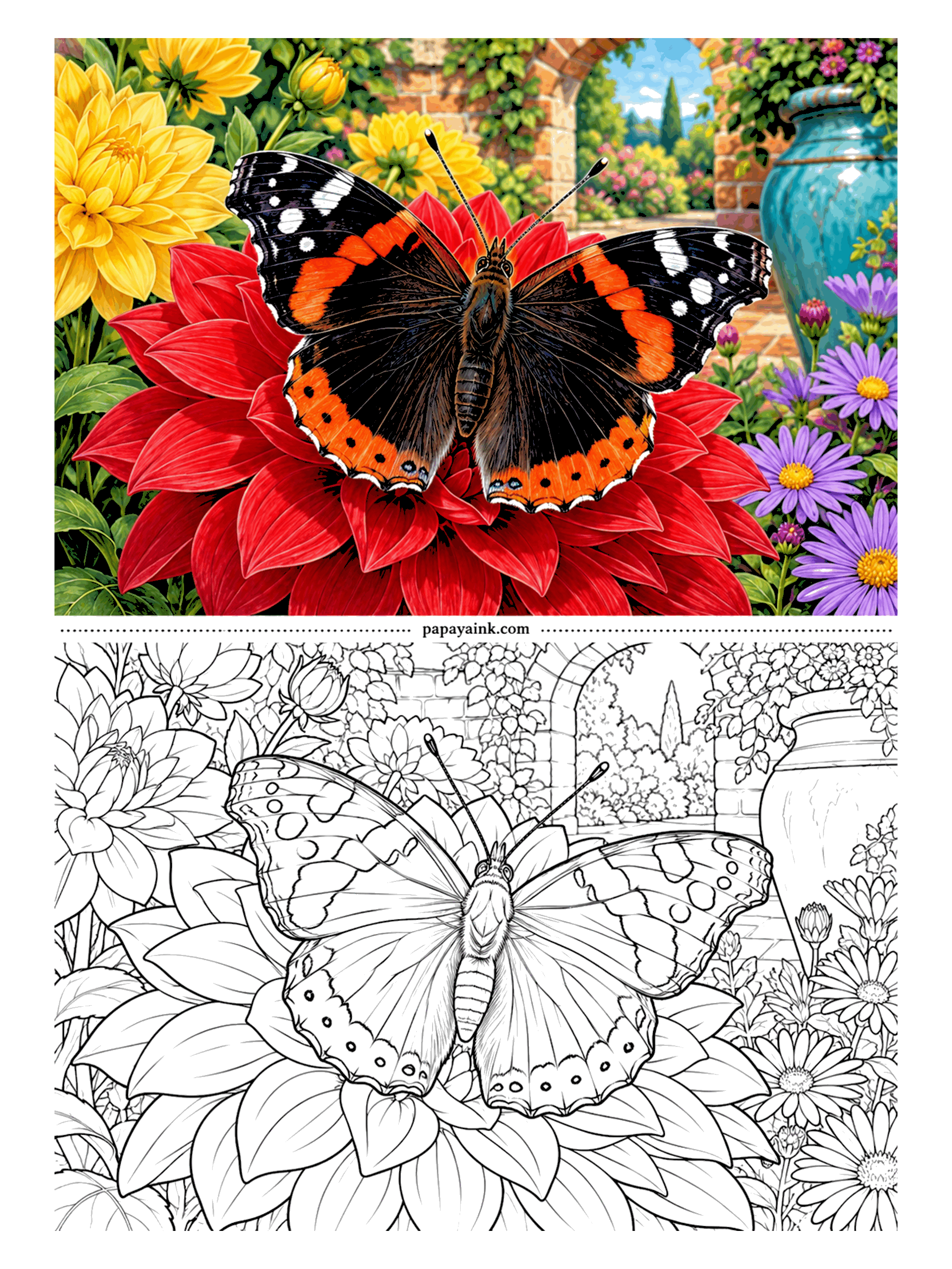 Butterfly Coloring Pages - Black, orange-red and a few white spots: three colors and the red admiral is done. Then the huge dahlia it sits on asks for a dozen shades of red, and the garden behind adds a brick arch and a turquoise urn. Detailed.