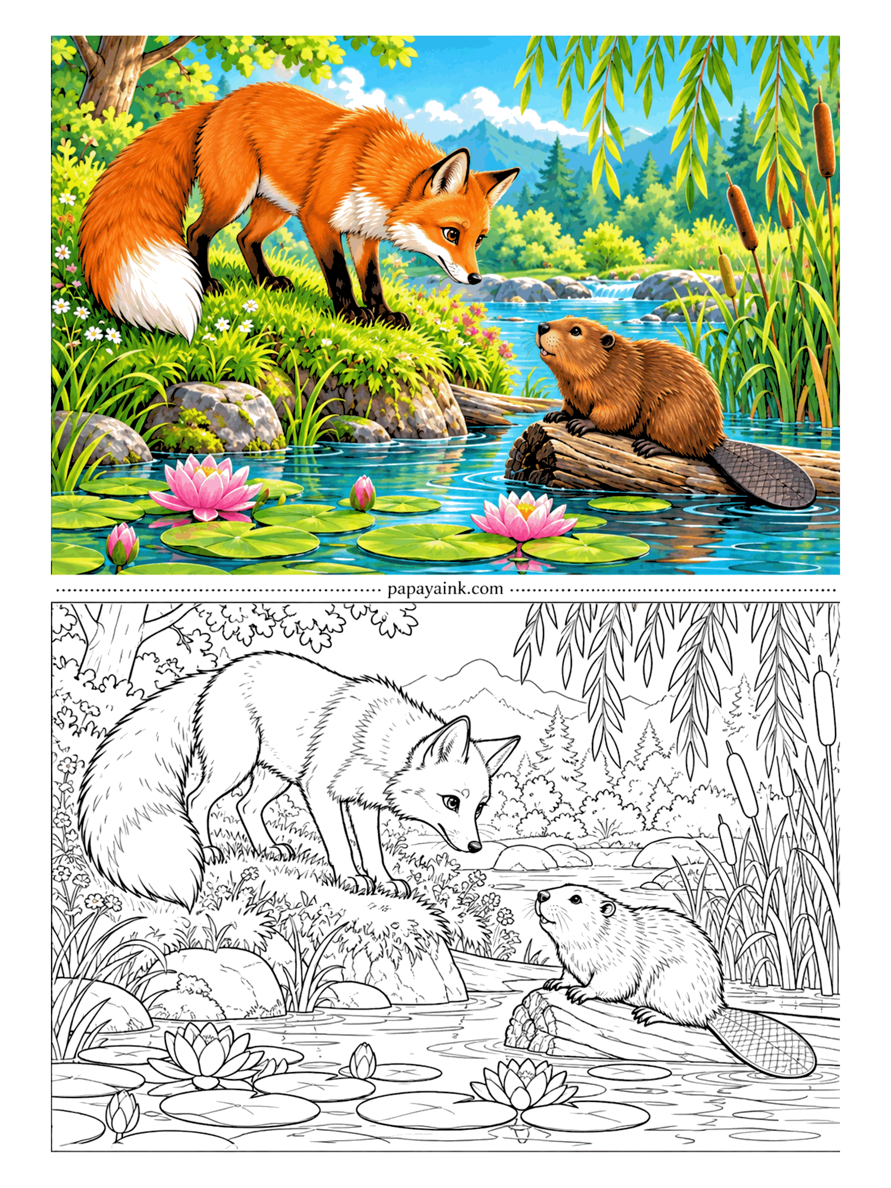 Fox Coloring Pages - Nose to nose across the water: the fox leans down from the bank, the beaver sits up on its log, and nobody blinks. Willow branches, cattails and water lilies fill the creek. Save the pink lilies for last - they pop against all that blue.