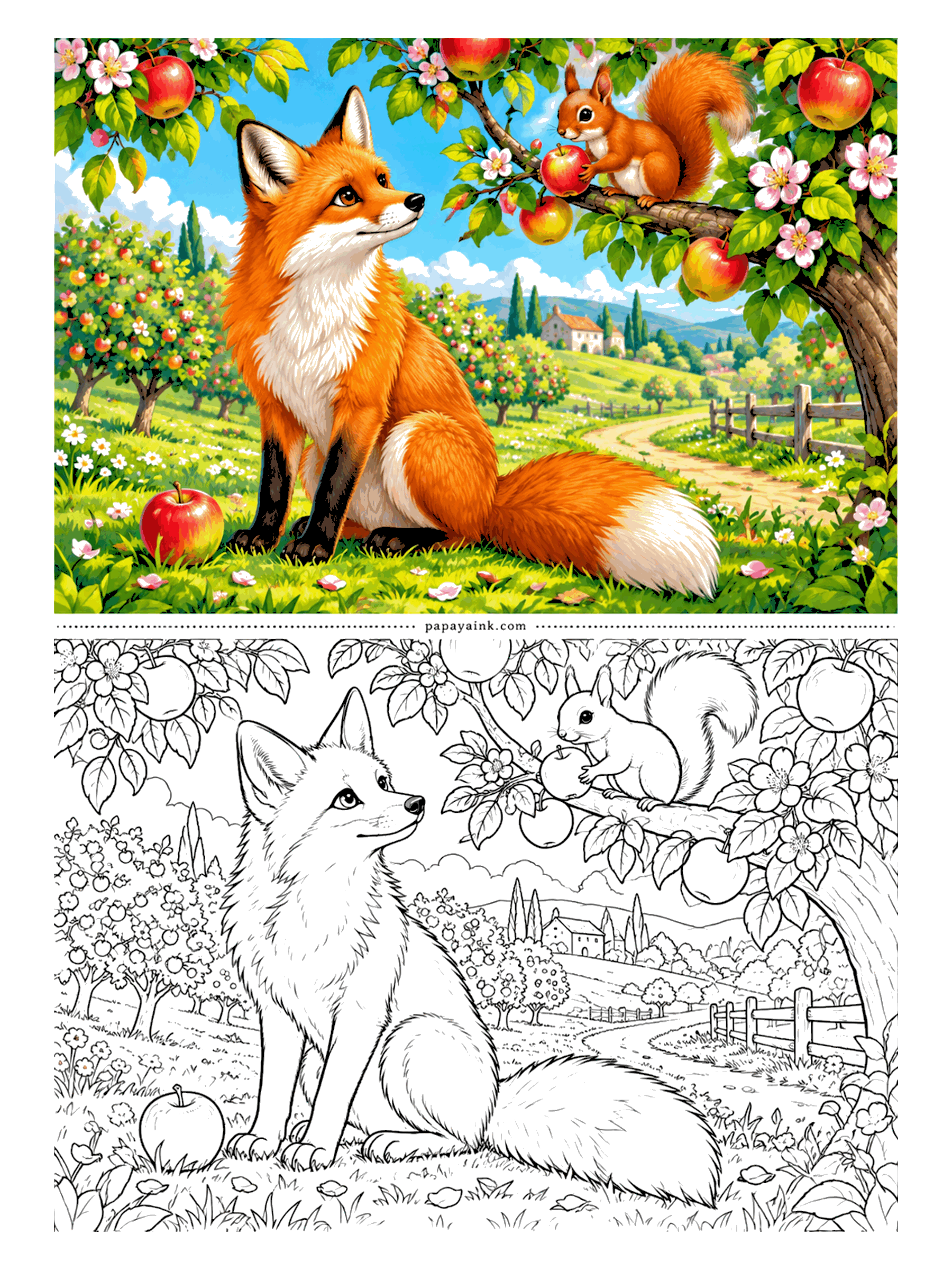 Fox Coloring Pages - Who gets the apple? The squirrel in the branches already has one in its paws, while the red fox below keeps an eye on the windfall in the grass. Blossoms and ripe fruit on the same branch - it is that kind of orchard. Detailed.