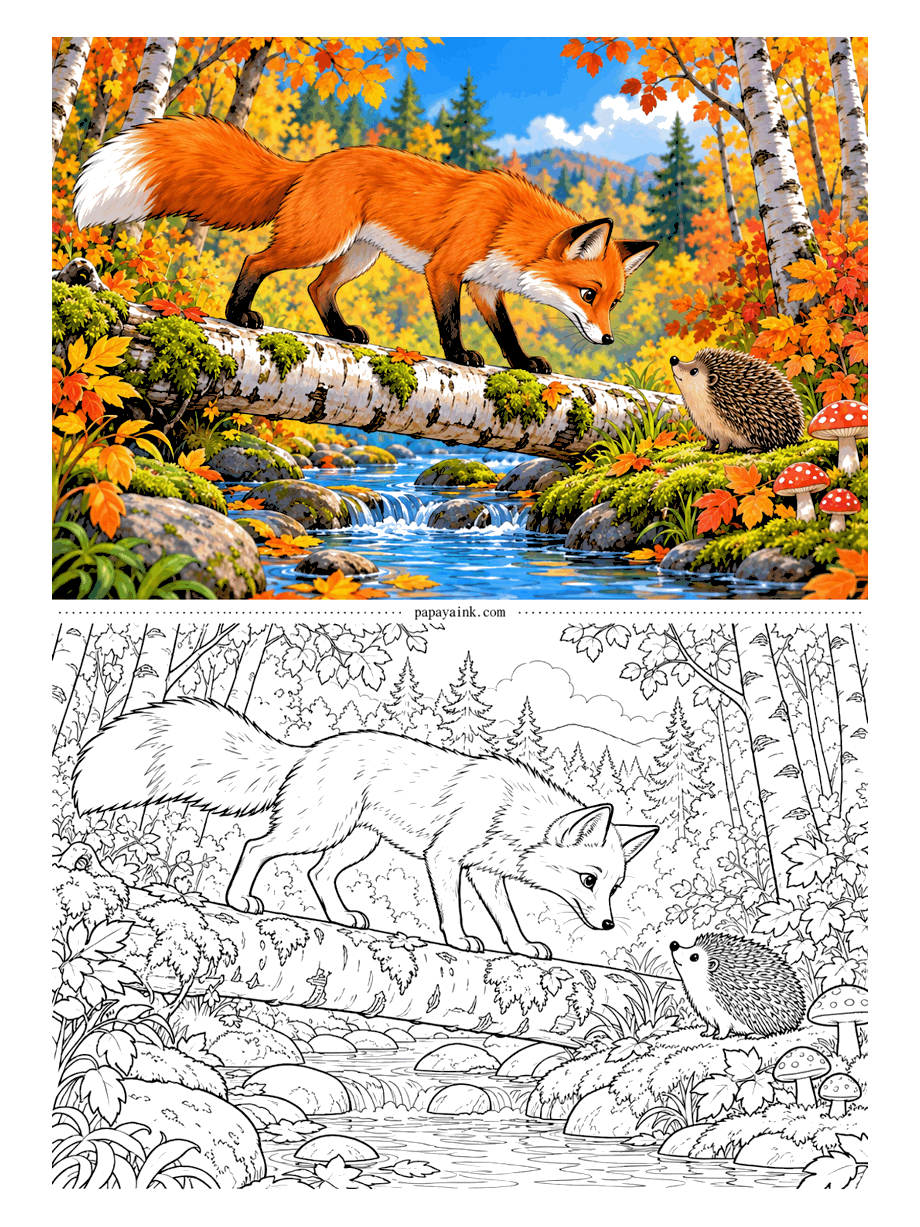 Fox Coloring Pages - Halfway across a fallen birch, the red fox stops. A hedgehog is waiting at the far end, and neither of them seems in a hurry to back up. Autumn maples, moss and red-capped mushrooms line the creek. Detailed.