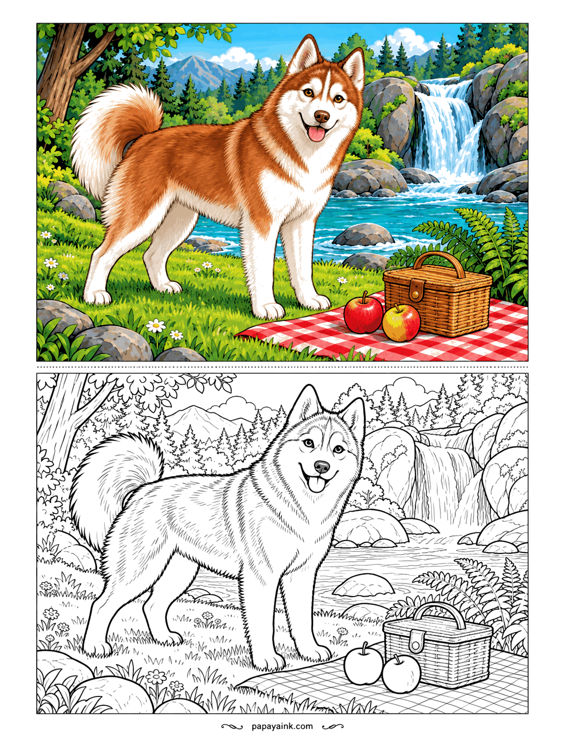 Husky Coloring Pages - A red husky guards the picnic blanket below a mountain waterfall, and the apples are safe for as long as he is on duty. Copper and cream fur makes a nice change from the classic gray. Detailed - rocks, ferns and falling water.