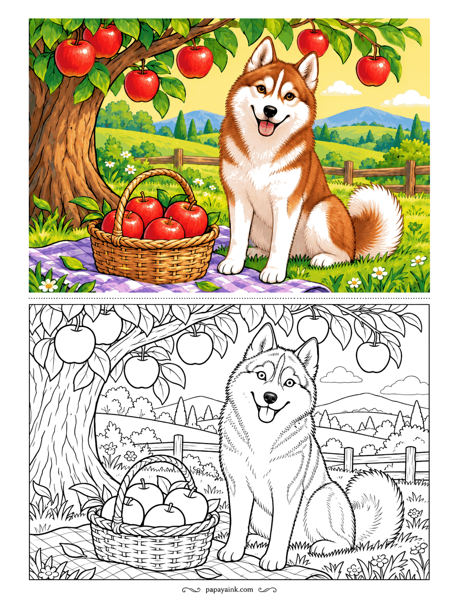 Husky Coloring Pages - Orchard supervisor, reporting for work. A red husky sits beside a full basket on a checkered blanket, under branches that still have plenty of fruit left on them. Shade each apple from deep red to a yellow cheek.
