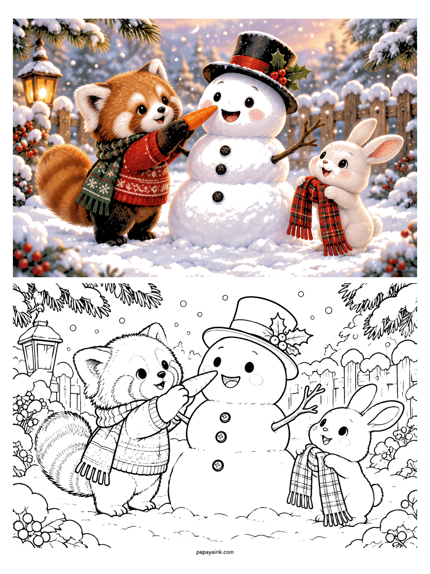 Cute Christmas Coloring Pages - A red panda in a sweater gives a snowman its carrot nose while a bunny brings a plaid scarf. Detailed.