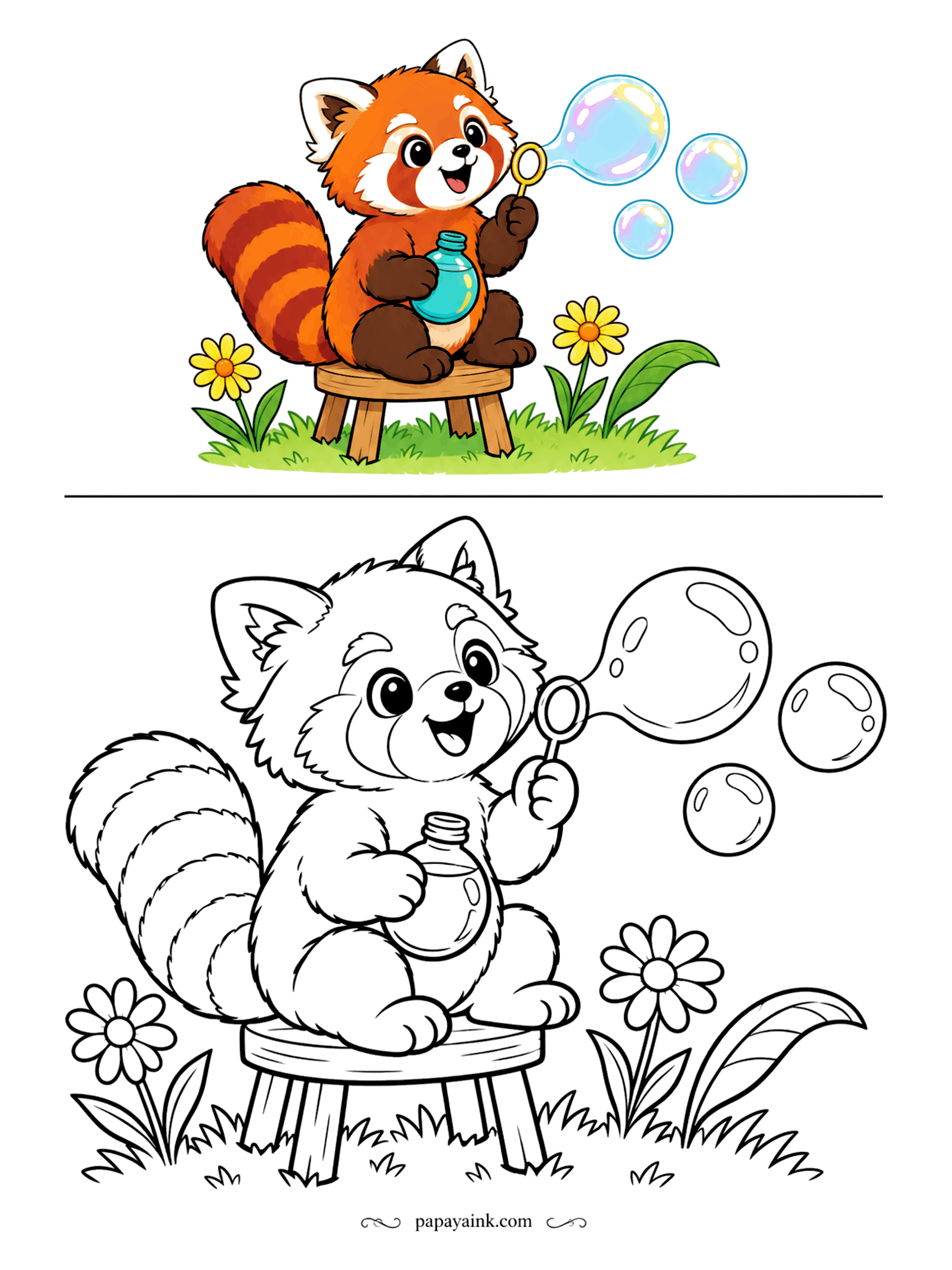 Copy Coloring Pages - Bubble duty, taken very seriously. The red panda perches on a wooden stool with the bottle tucked under one arm and blows a fresh string of bubbles over the daisies. Rusty orange fur, a striped tail and soap-film rainbows to finish.