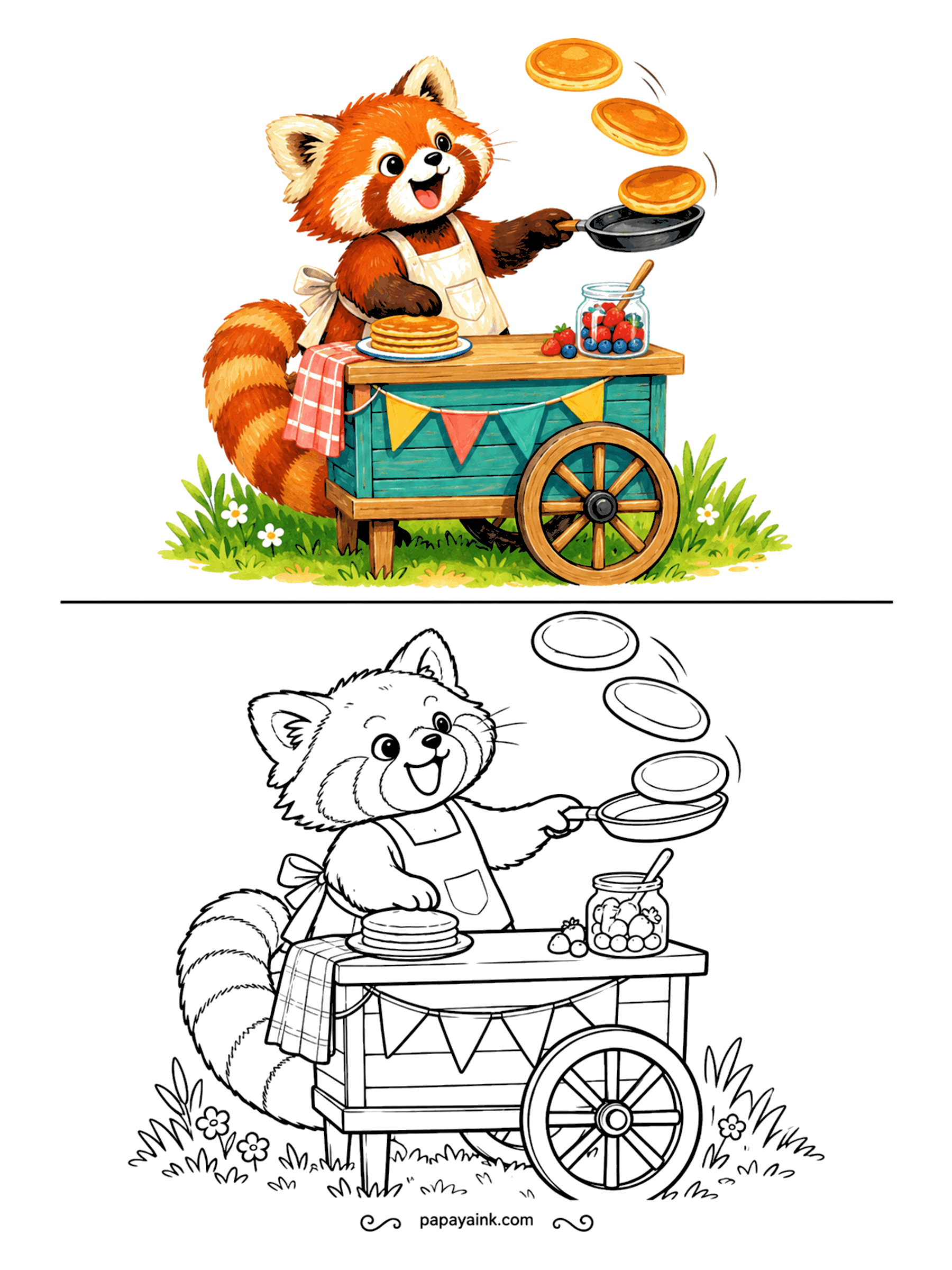 Copy Coloring Pages - Pancakes in midair, three at once, and the red panda in the apron hasn't missed one yet. A cart with bunting, a stack on the plate and a jar of berries make it a proper breakfast stand. Golden pancakes, rusty fur.
