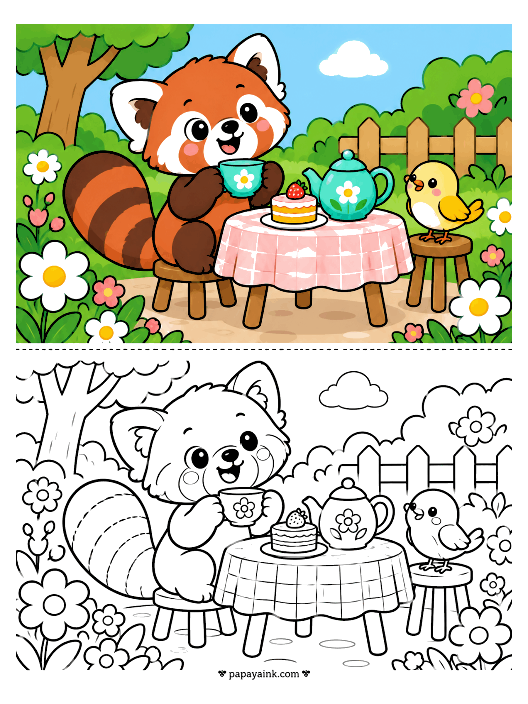 Copy Coloring Pages - Copy coloring page of a red panda having tea and cake in the garden with a little bird (Detailed)