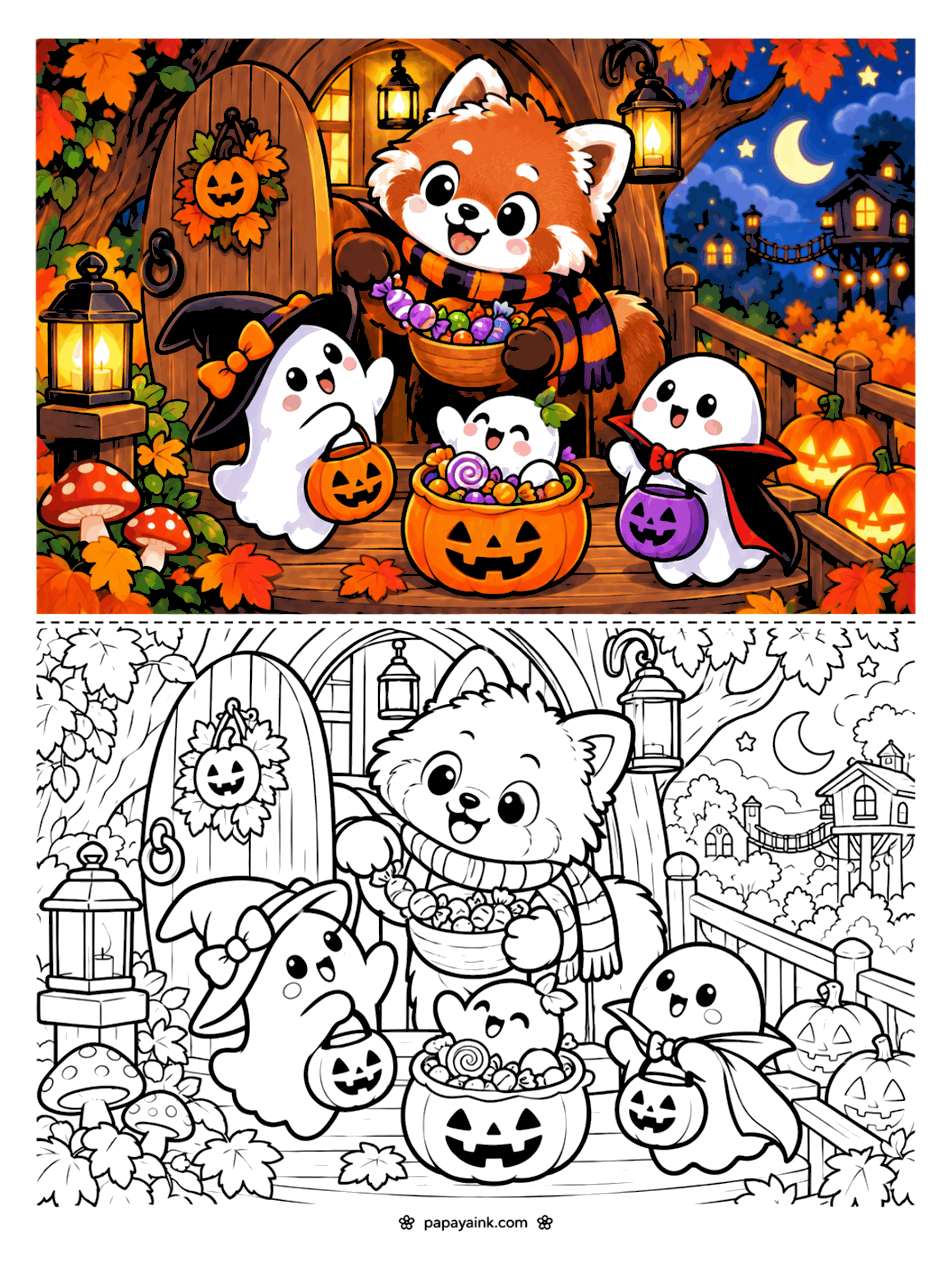 Easy Cute Halloween Coloring Pages - Red panda handing out candy to three little ghosts at a treehouse door (Detailed)