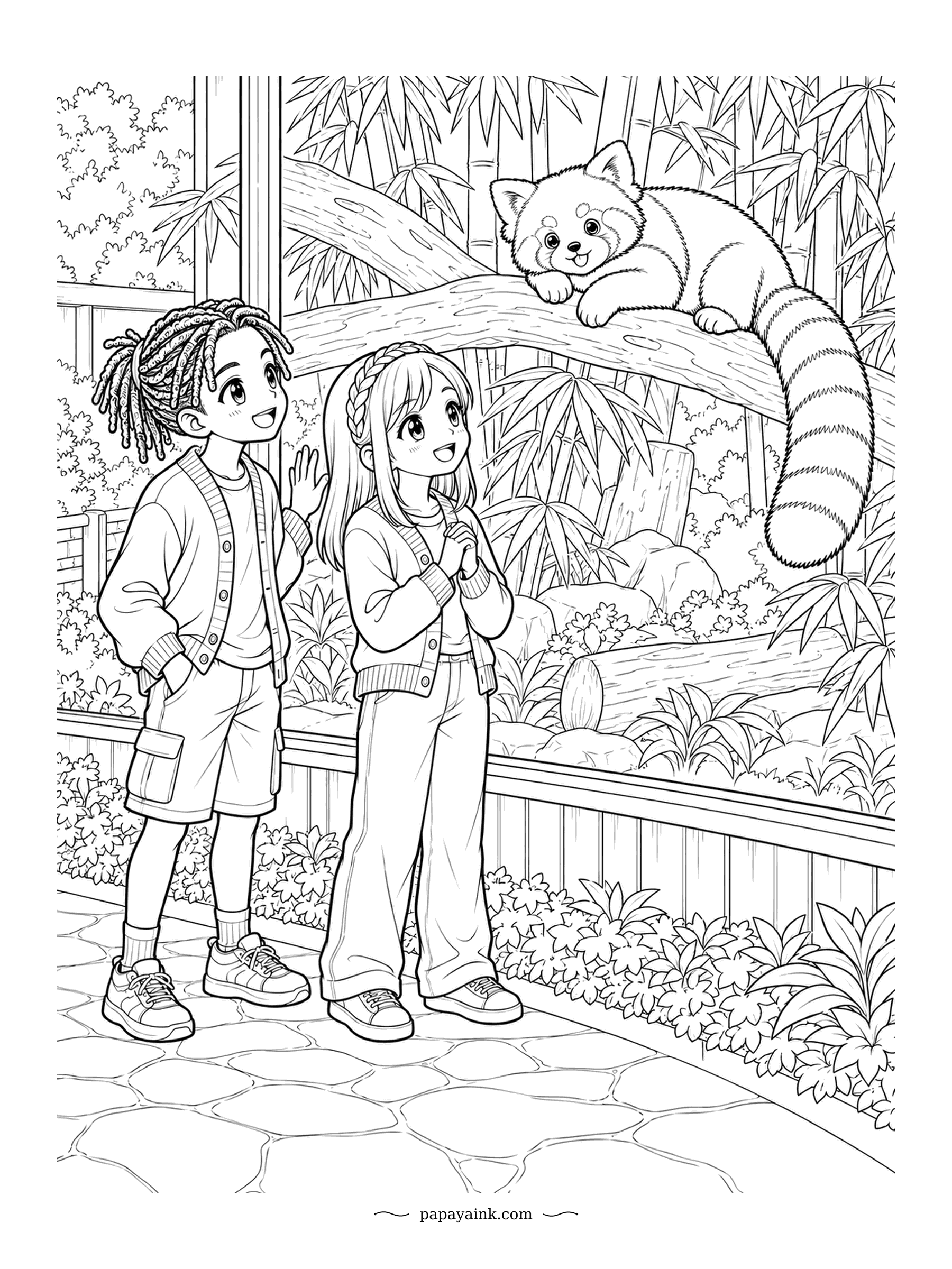 Cute Anime Coloring Pages - High on a log among the bamboo, a red panda peers down at the faces pressed to the viewing window. Red pandas spend most of their lives in the treetops. Russet and cream for the ringed tail.