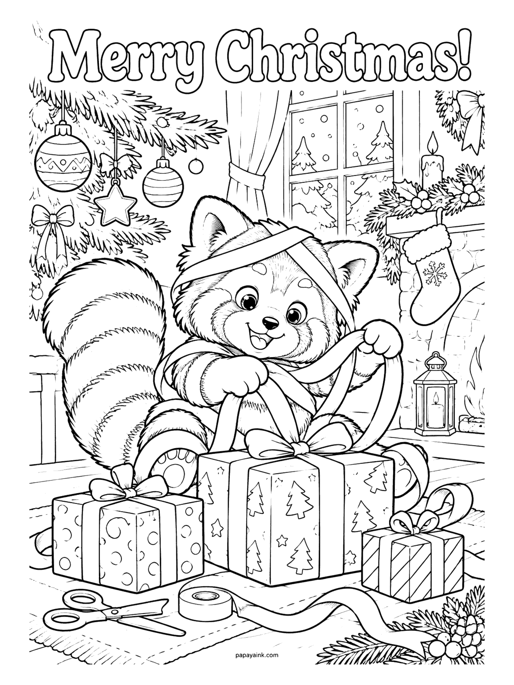 Merry Christmas Coloring Pages - A red panda wraps Christmas gifts by the fireplace, tangled in ribbon under a decorated tree, with a stocking, a lantern, scissors, and tape. Detailed