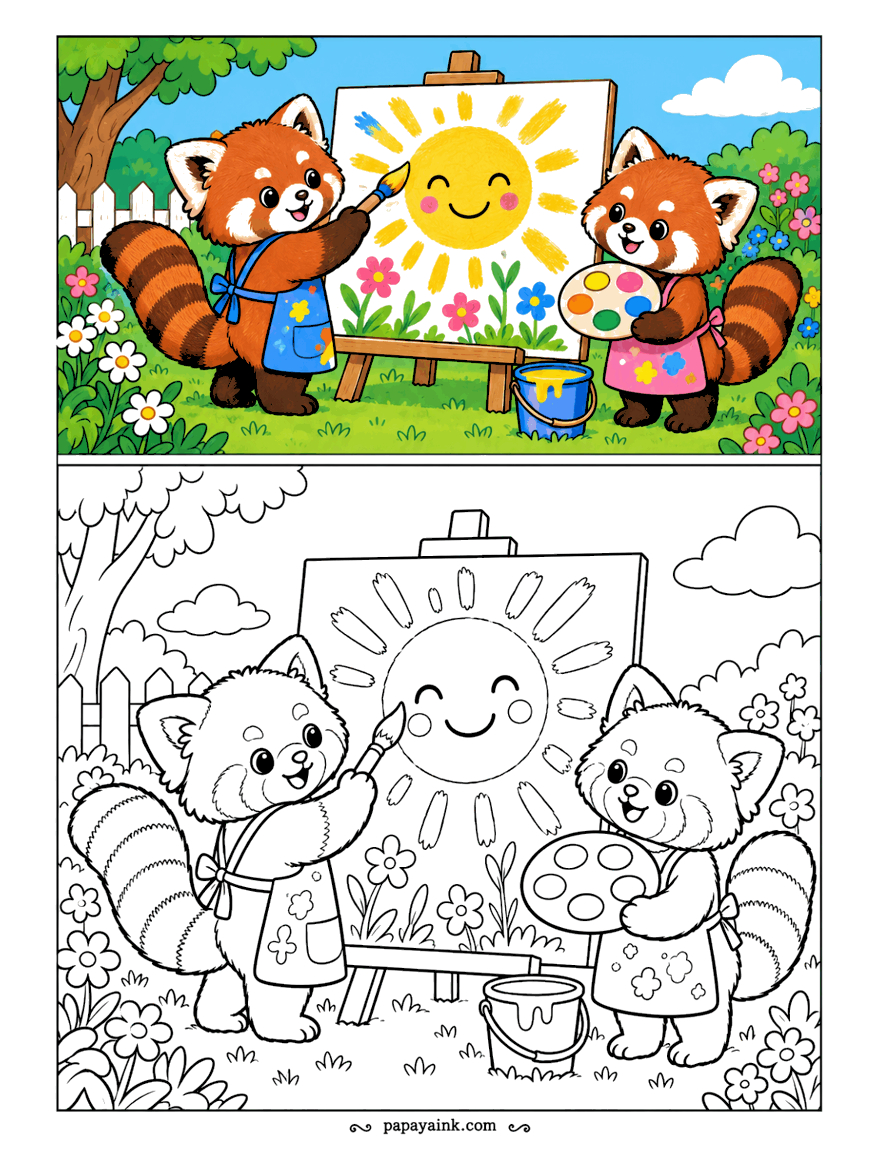 Copy Coloring Pages - A smiling sun is taking shape on the easel, brush in one red panda's paw while its friend holds the palette and waits a turn. Paint pots and flowers fill the garden. Leave the canvas sun for last and make it the brightest thing here.